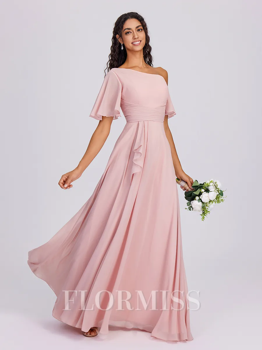 A-line Short Sleeves Ruffles Floor-Length Chiffon Bridesmaid Dress