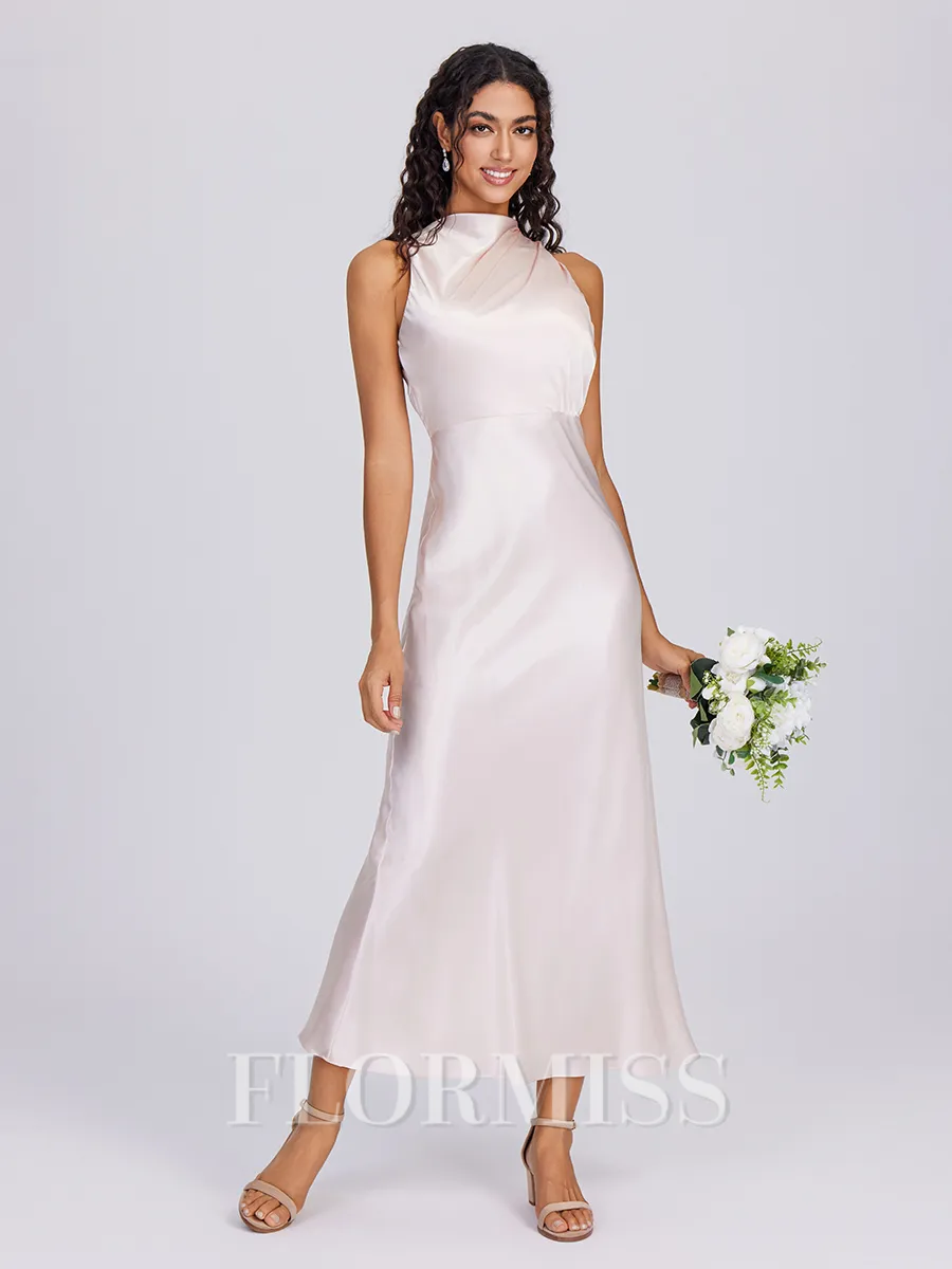 Sheath Halter Pleated Ankle-Length Silk Like Satin Bridesmaid Dress