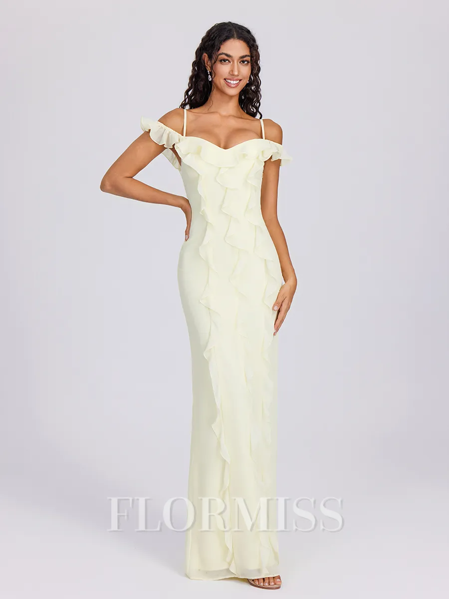 Sheath Cold Shoulder Ruffles Floor-Length Chiffon Bridesmaid Dress