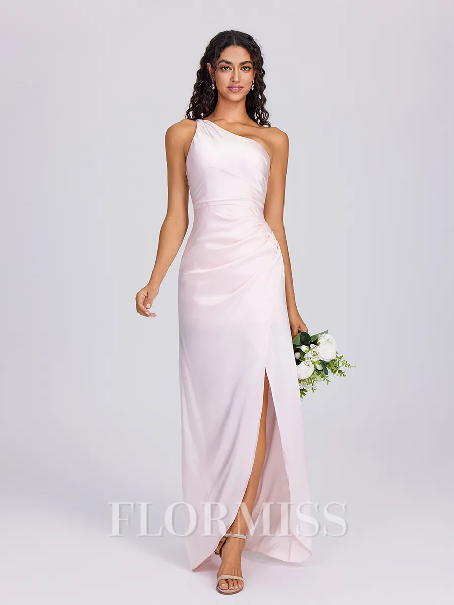 Sheath One-Shoulder Pleated Floor-Length Silk Like Satin Bridesmaid Dress