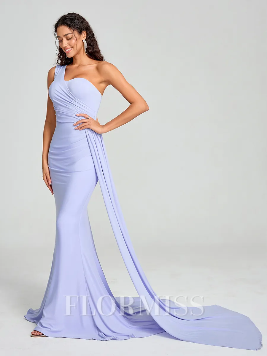 Sheath/Column One-Shoulder Sweep/Brush Train Sleeveless Jersey Bridesmaid Dress