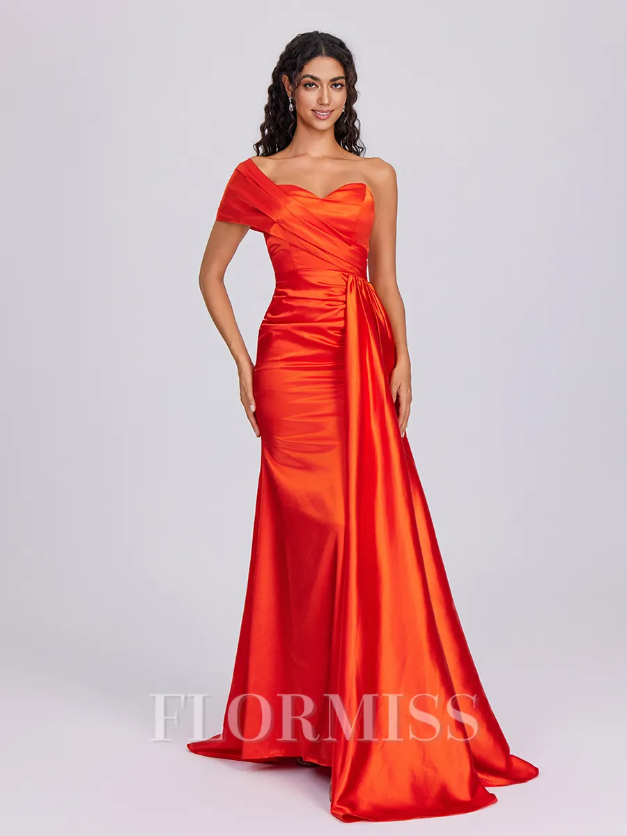 Sheath One-Shoulder Pleated Sweep Train Silk Like Satin Bridesmaid Dress