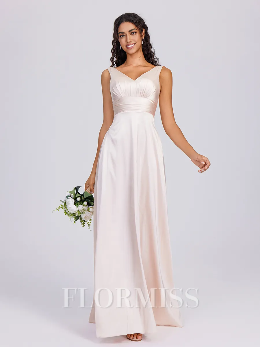 A-line V-neck Pleated Floor-Length Silk Like Satin Bridesmaid Dress