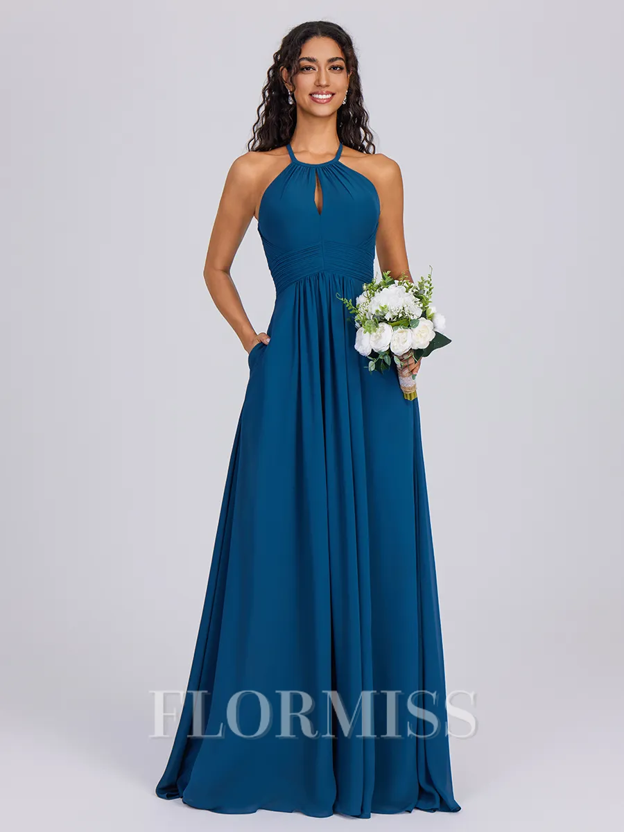 A-line Halter Pleated Floor-Length Chiffon Bridesmaid Dress
