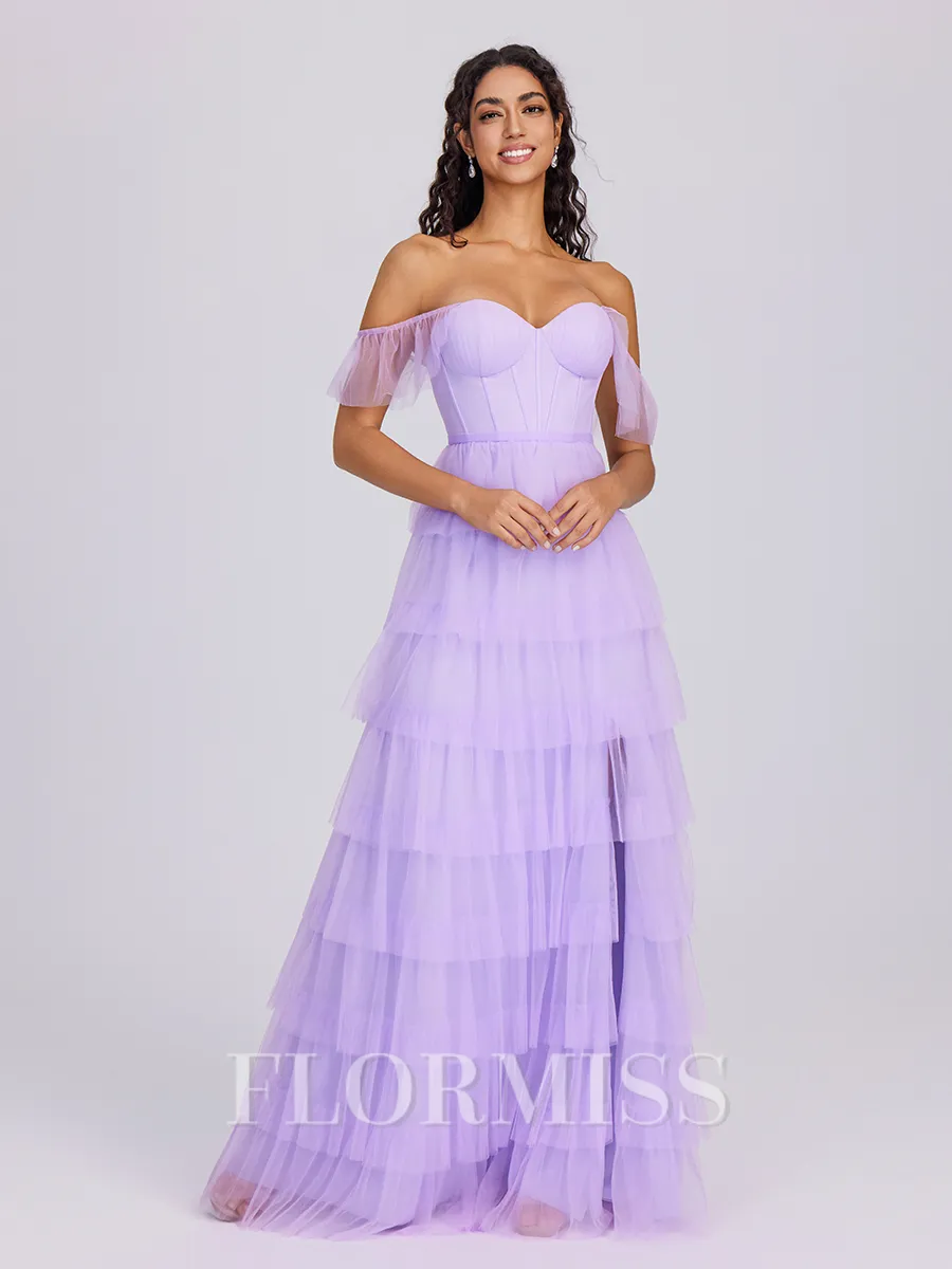 A-line Off-the-Shoulder Cascading Ruffles Floor-Length Tulle Corset Bridesmaid Dress