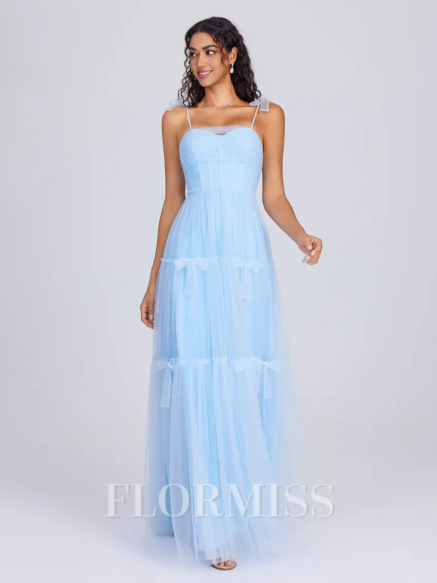 A-line Spaghetti Straps Bow Floor-Length Tulle Corset Bridesmaid Dress