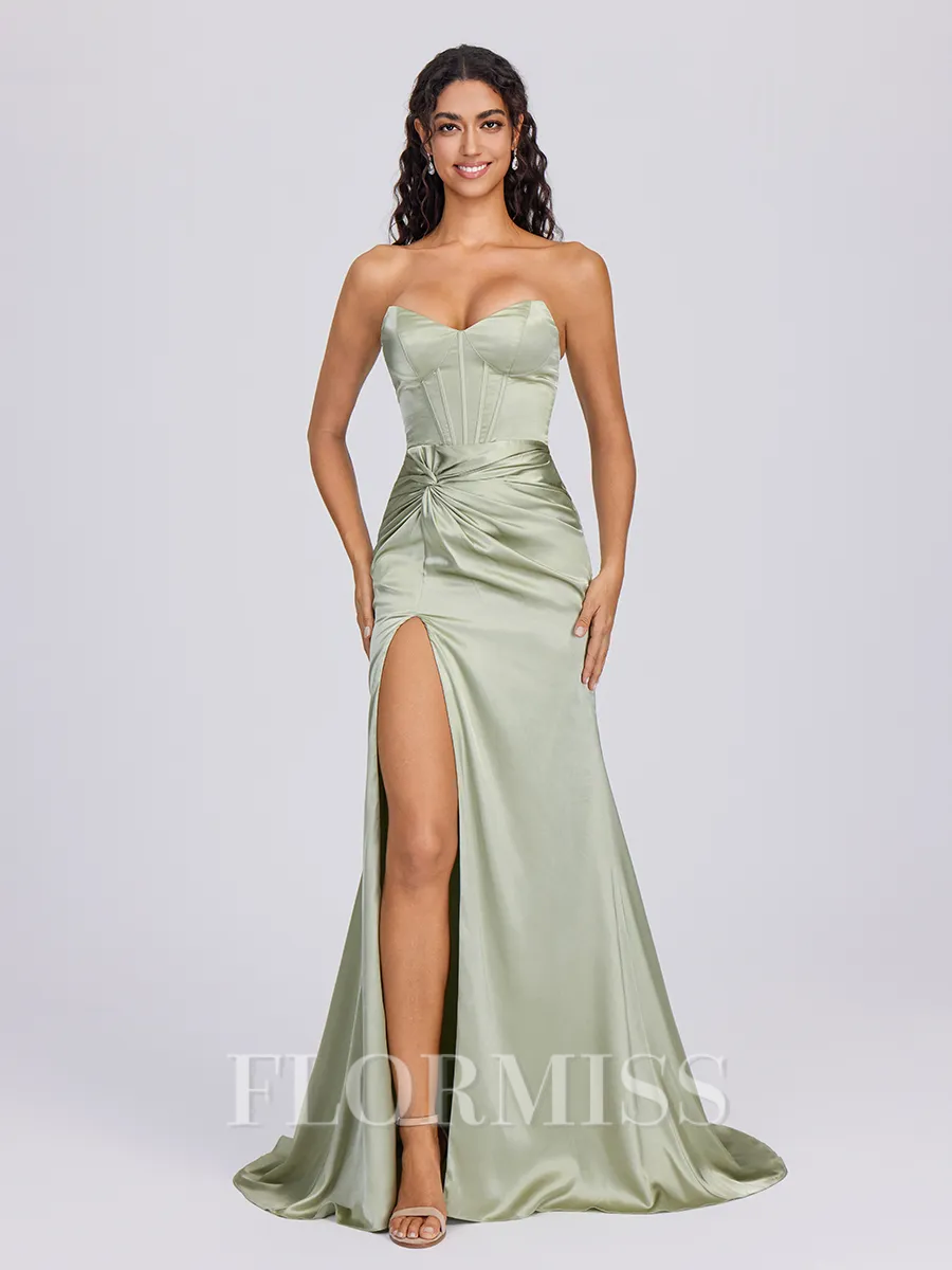 Sheath Sweetheart Pleated Sweep Train Silk Like Satin Corset Bridesmaid Dress