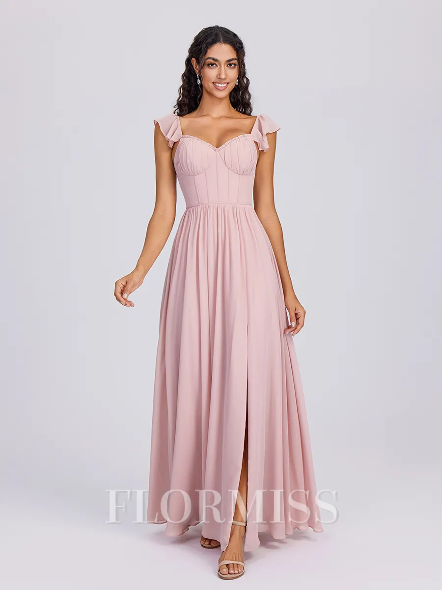 A-line Straps Ruffles Floor-Length Chiffon Corset Bridesmaid Dress