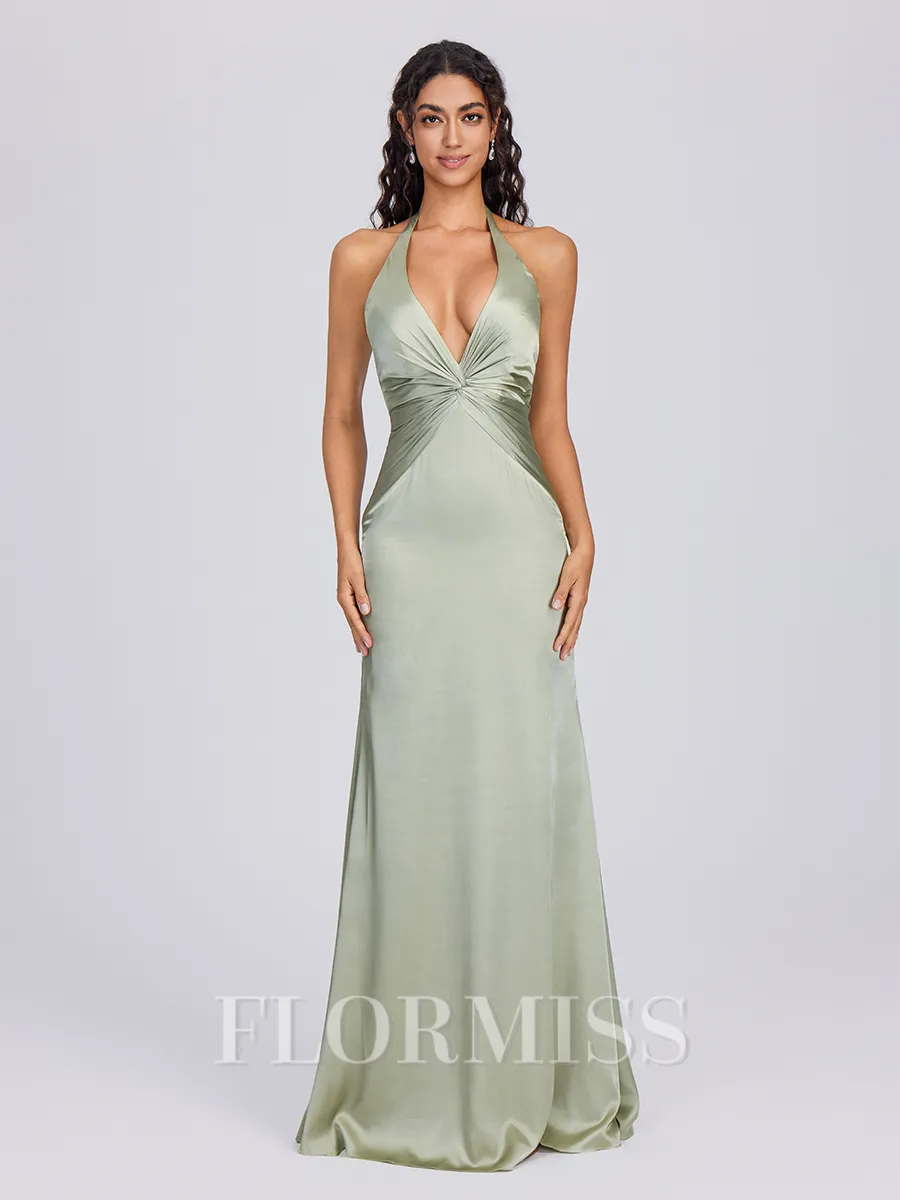Sheath V-neck Pleated Floor-Length Silk Like Satin Bridesmaid Dress