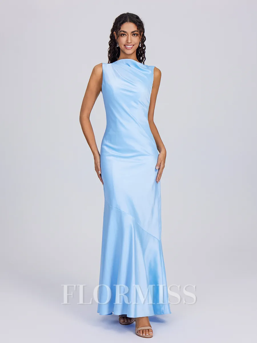 Sheath Scoop Pleated Floor-Length Charmeuse Bridesmaid Dress
