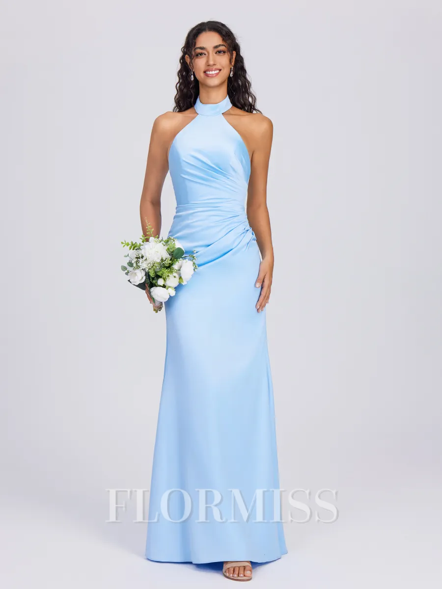 Sheath Halter Pleated Floor-Length Charmeuse Bridesmaid Dress