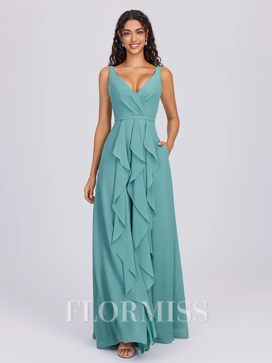 A-line V-neck Ruffles Floor-Length Chiffon Bridesmaid Dress