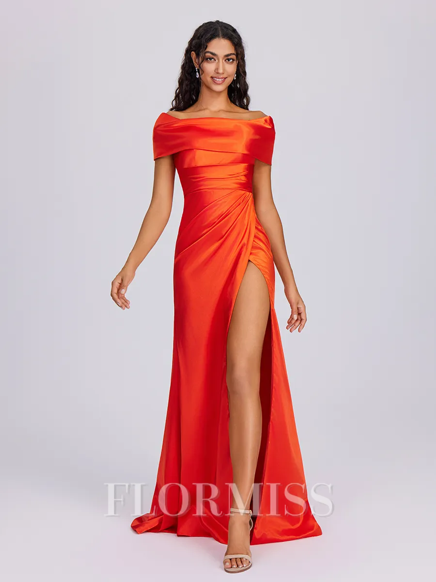 Sheath Scoop Pleated Sweep Train Silk Like Satin Bridesmaid Dress