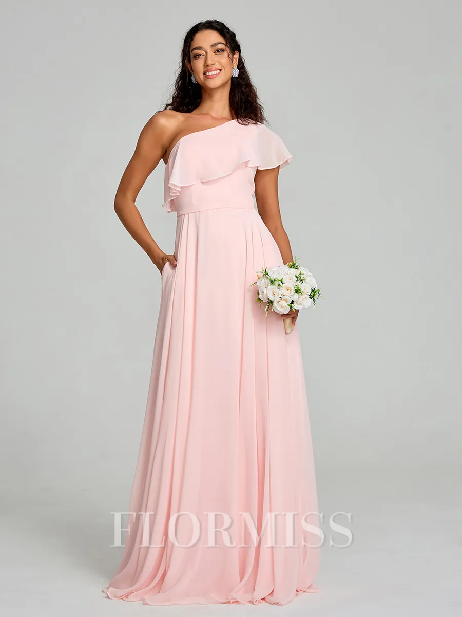 A-Line/Princess One-Shoulder Floor-Length Sleeveless Chiffon Bridesmaid Dress
