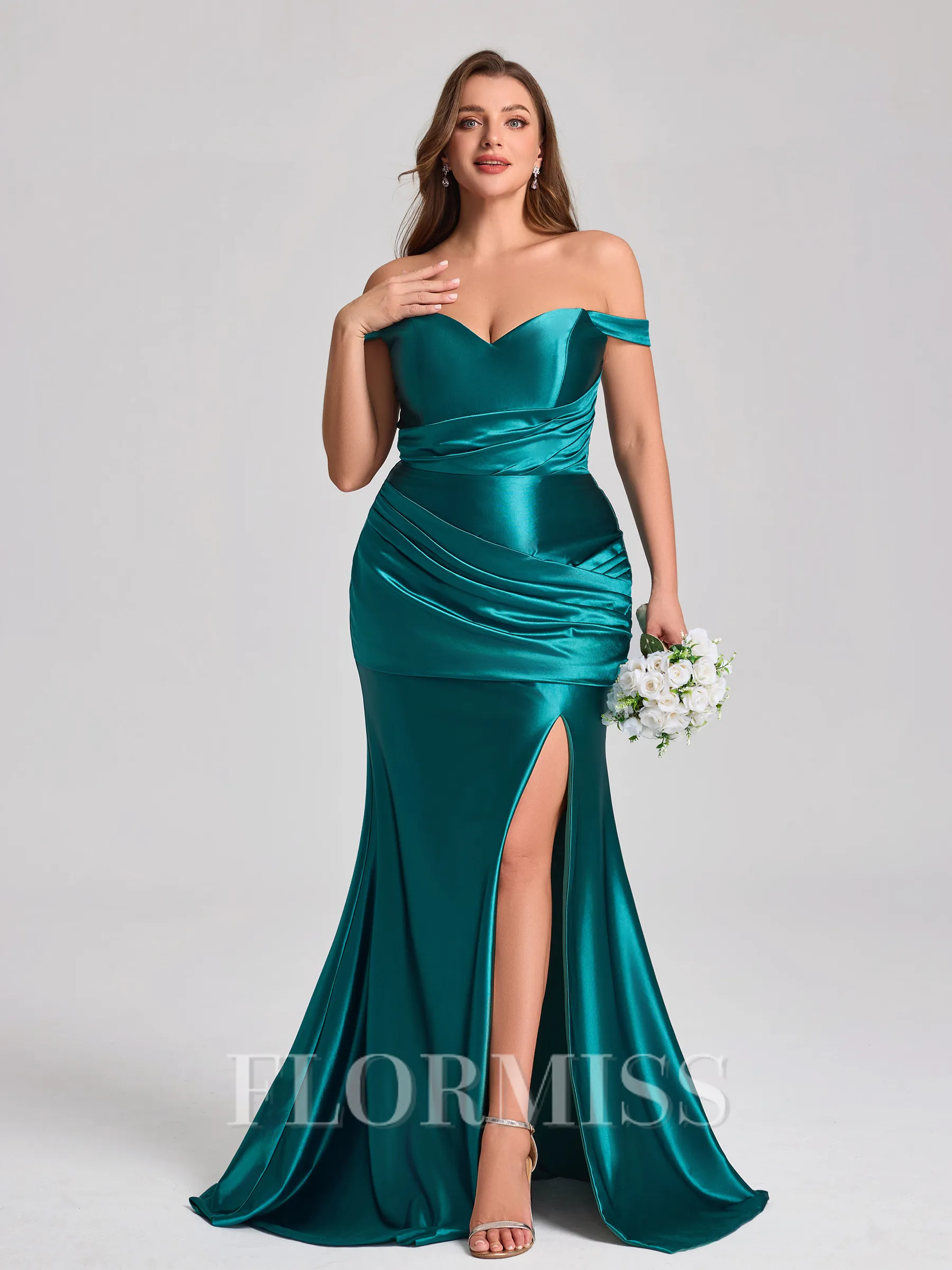 Sheath Off-the-Shoulder Pleated Floor-Length Plus Size Bridesmaid Dress