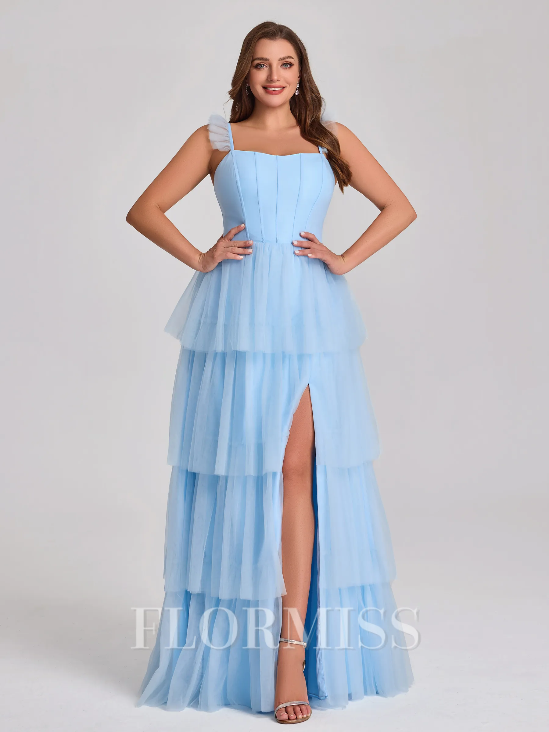 A-line Straps Cascading Ruffles Floor-Length Tulle Corset Plus Size Bridesmaid Dress