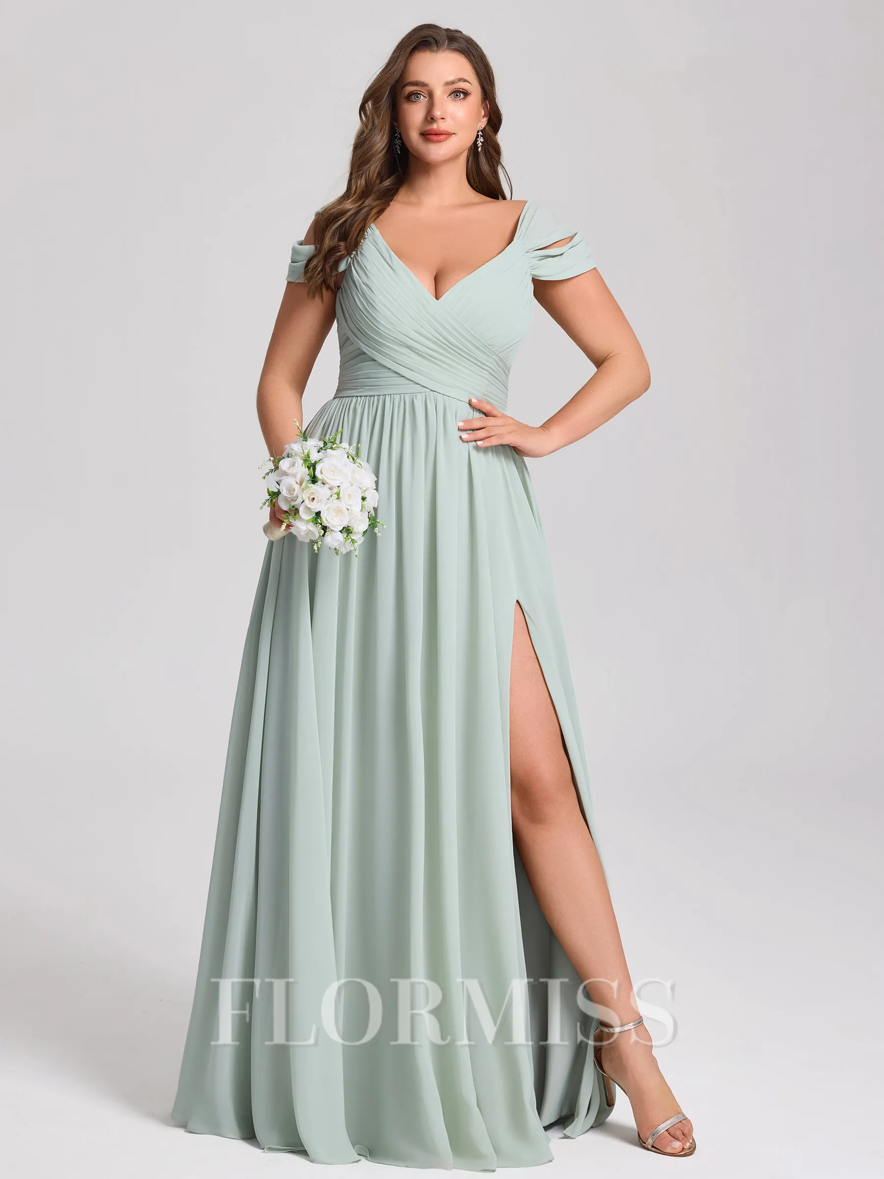 A-line Cold Shoulder Pleated Floor-Length Chiffon Corset Plus Size Bridesmaid Dress