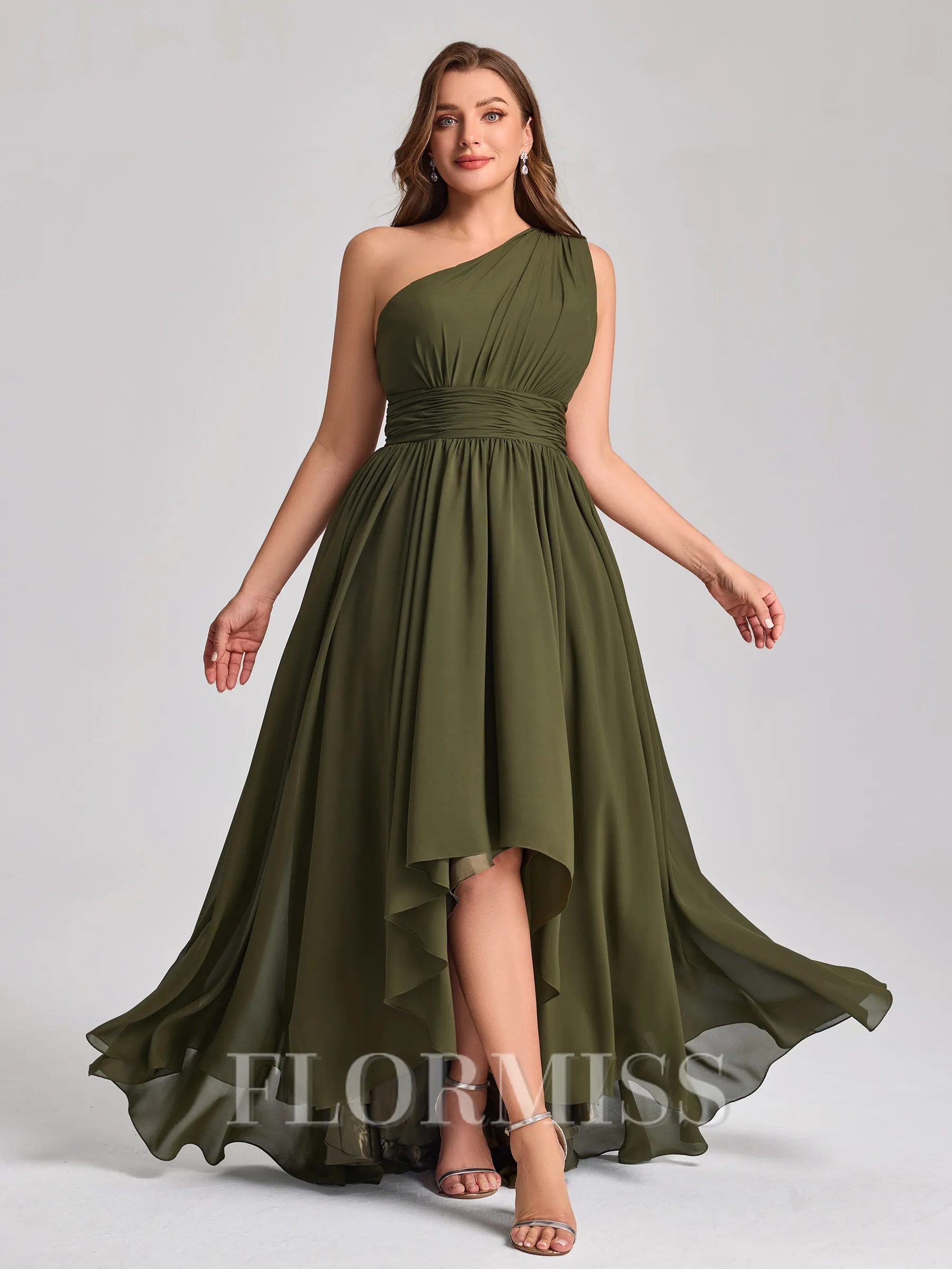 A-line One-Shoulder Pleated Asymmetrical Chiffon Corset Plus Size Bridesmaid Dress
