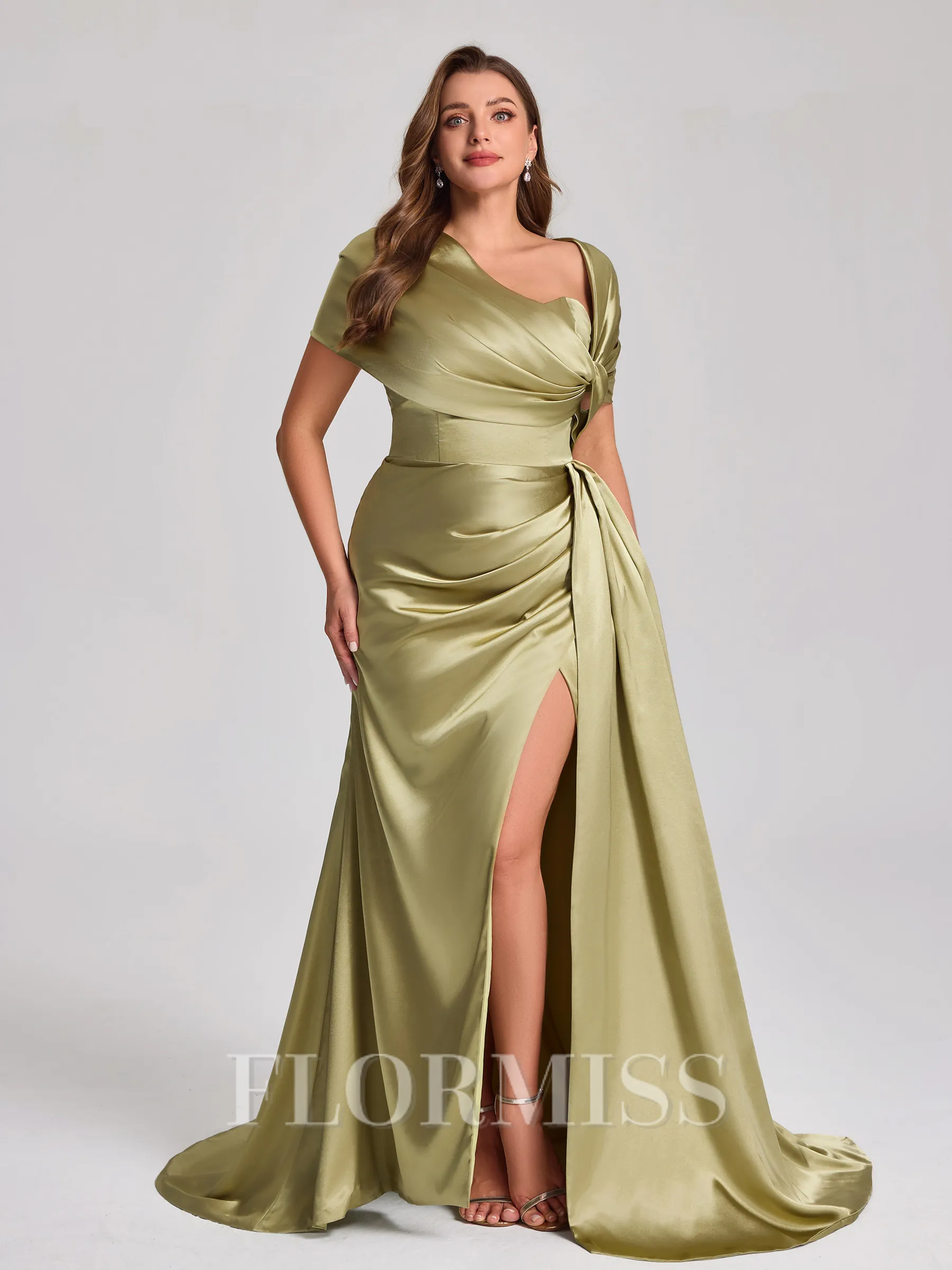 Sheath Off-the-Shoulder Pleated Court Train Silk Like Satin Corset Plus Size Bridesmaid Dress