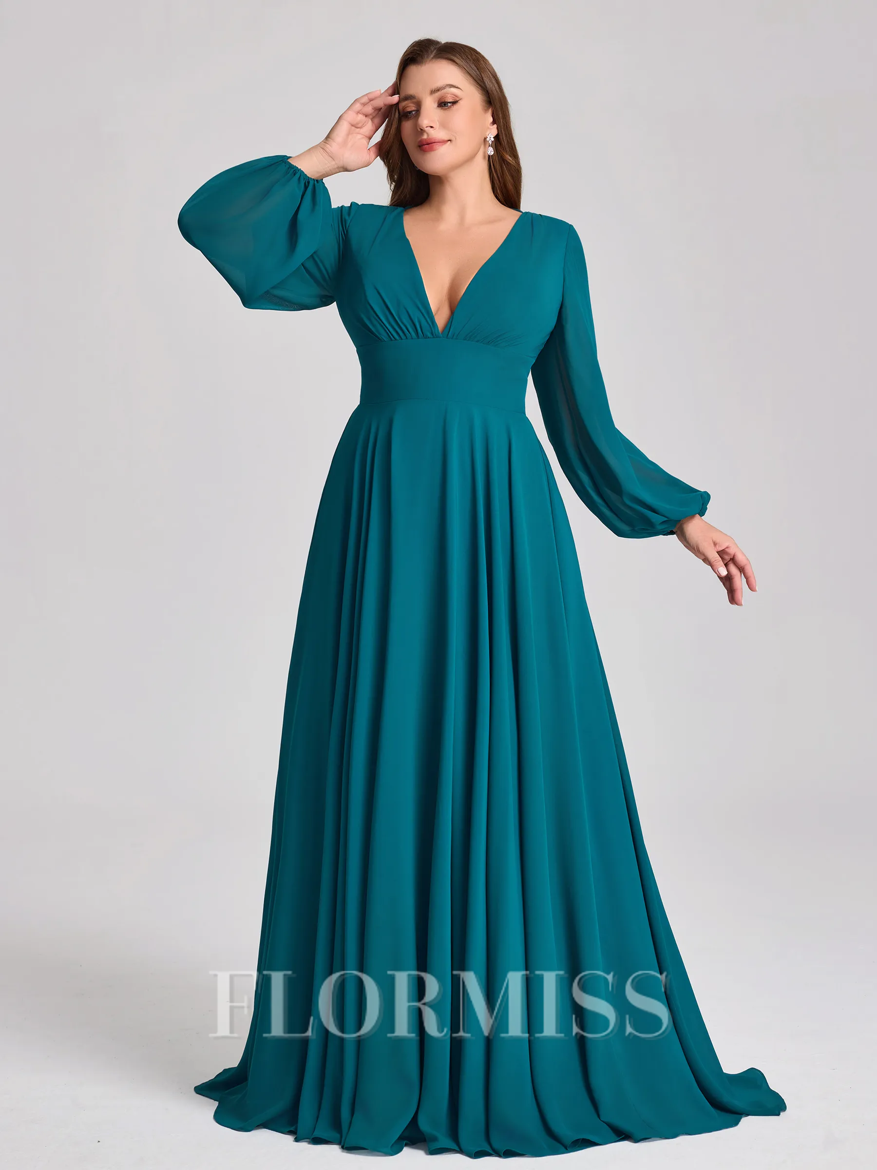 A-line V-neck Long Sleeves Pleated Sweep Train Chiffon Corset Plus Size Bridesmaid Dress