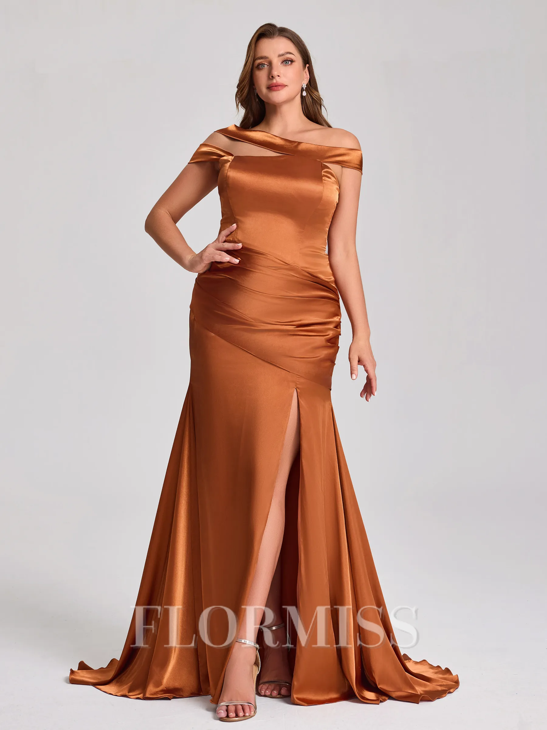 Sheath Off-the-Shoulder Pleated Sweep Train Silk Like Satin Corset Plus Size Bridesmaid Dress