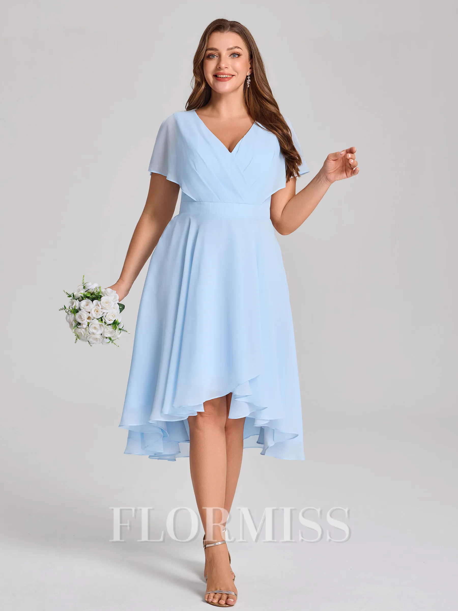 A-line V-neck Short Sleeves Pleated Asymmetrical Chiffon Corset Plus Size Bridesmaid Dress