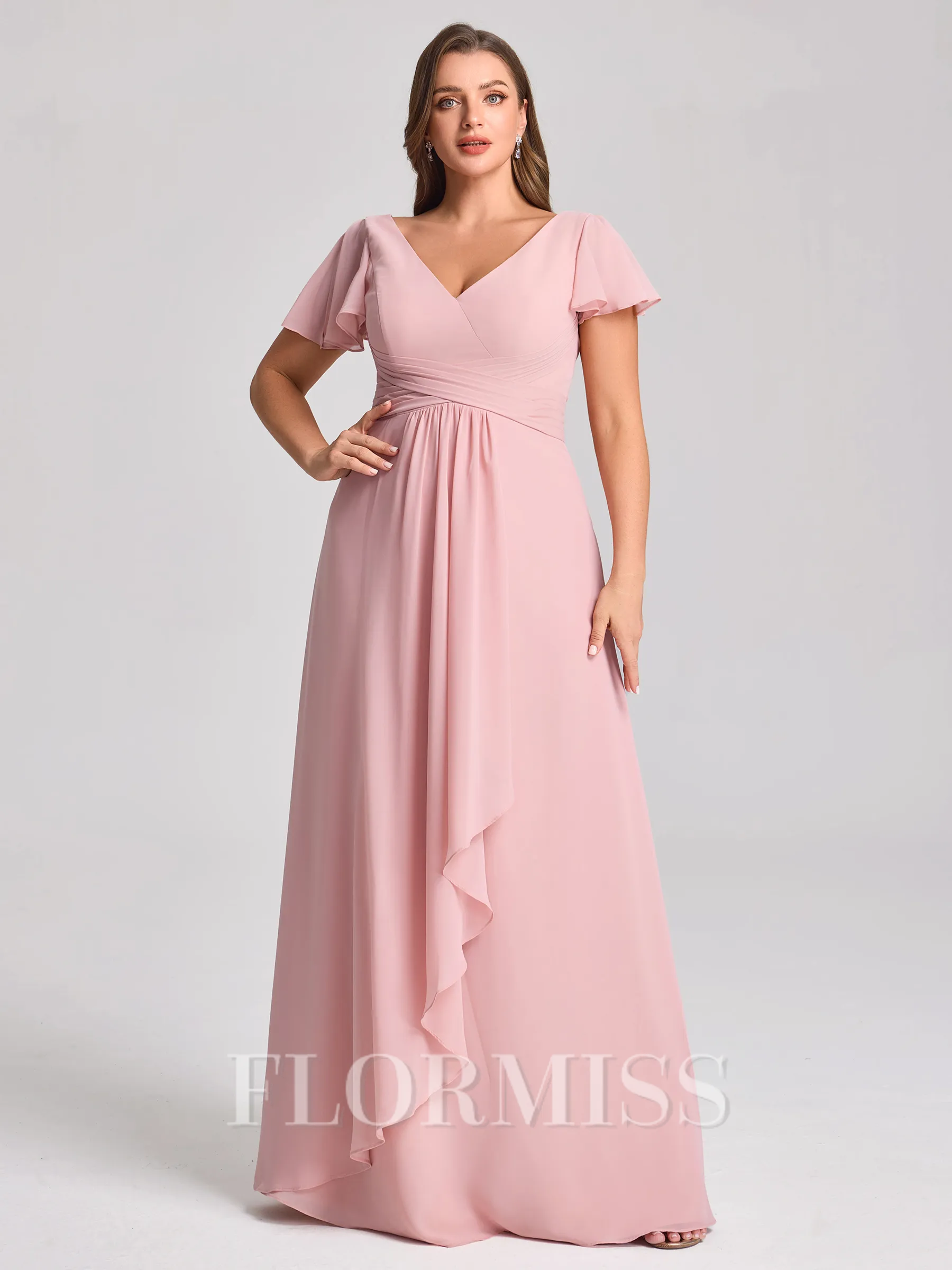 A-line V-neck Short Sleeves Pleated Floor-Length Chiffon Corset Plus Size Bridesmaid Dress