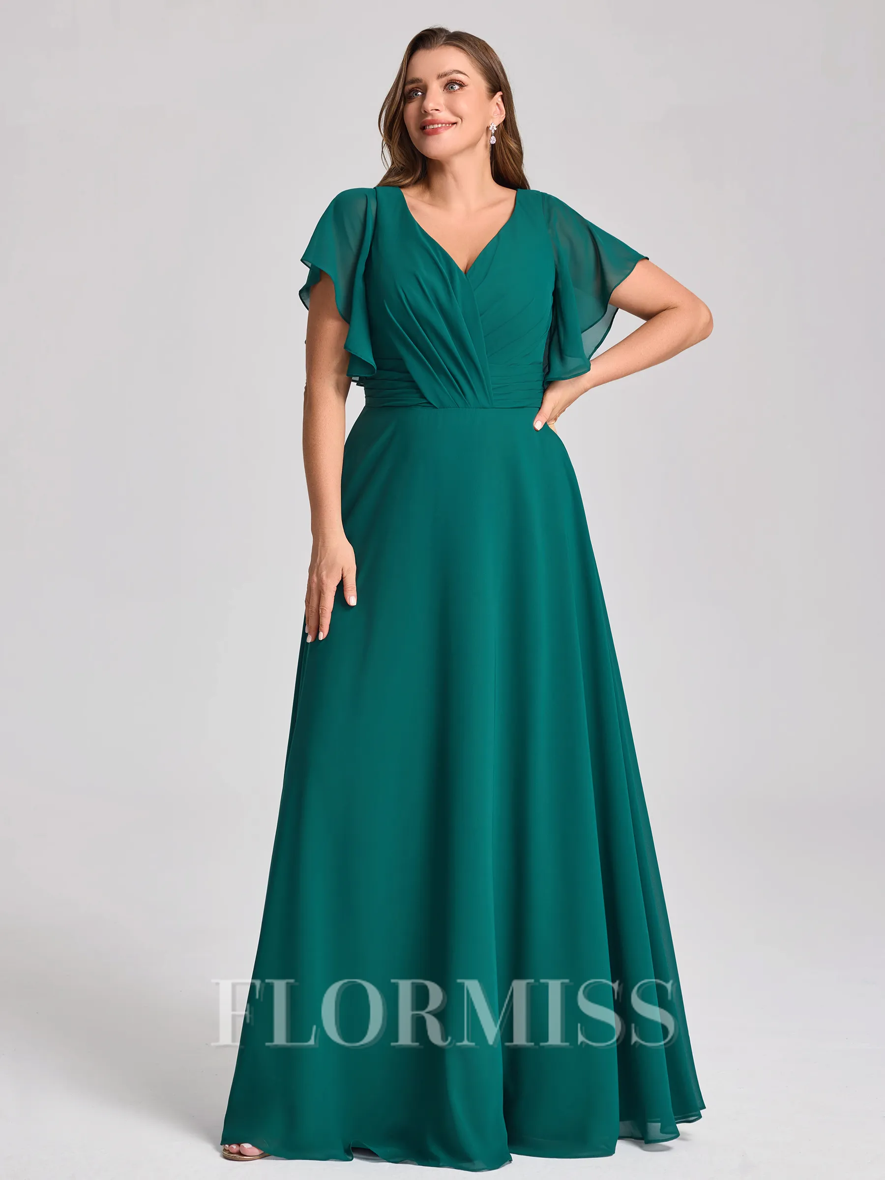 A-line V-neck Short Sleeves Pleated Floor-Length Chiffon Corset Plus Size Bridesmaid Dress