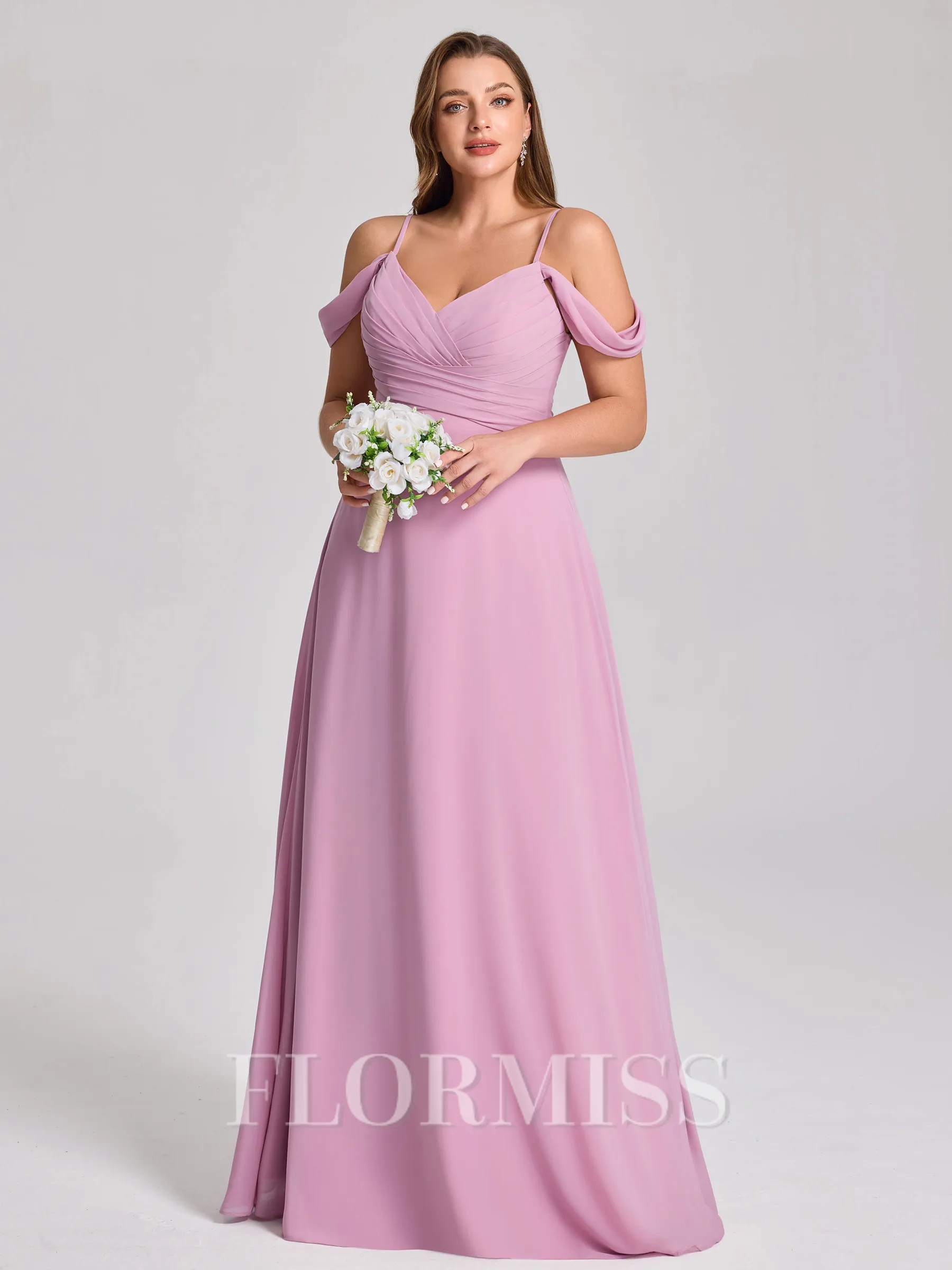 A-line Cold Shoulder Pleated Floor-Length Chiffon Corset Plus Size Bridesmaid Dress
