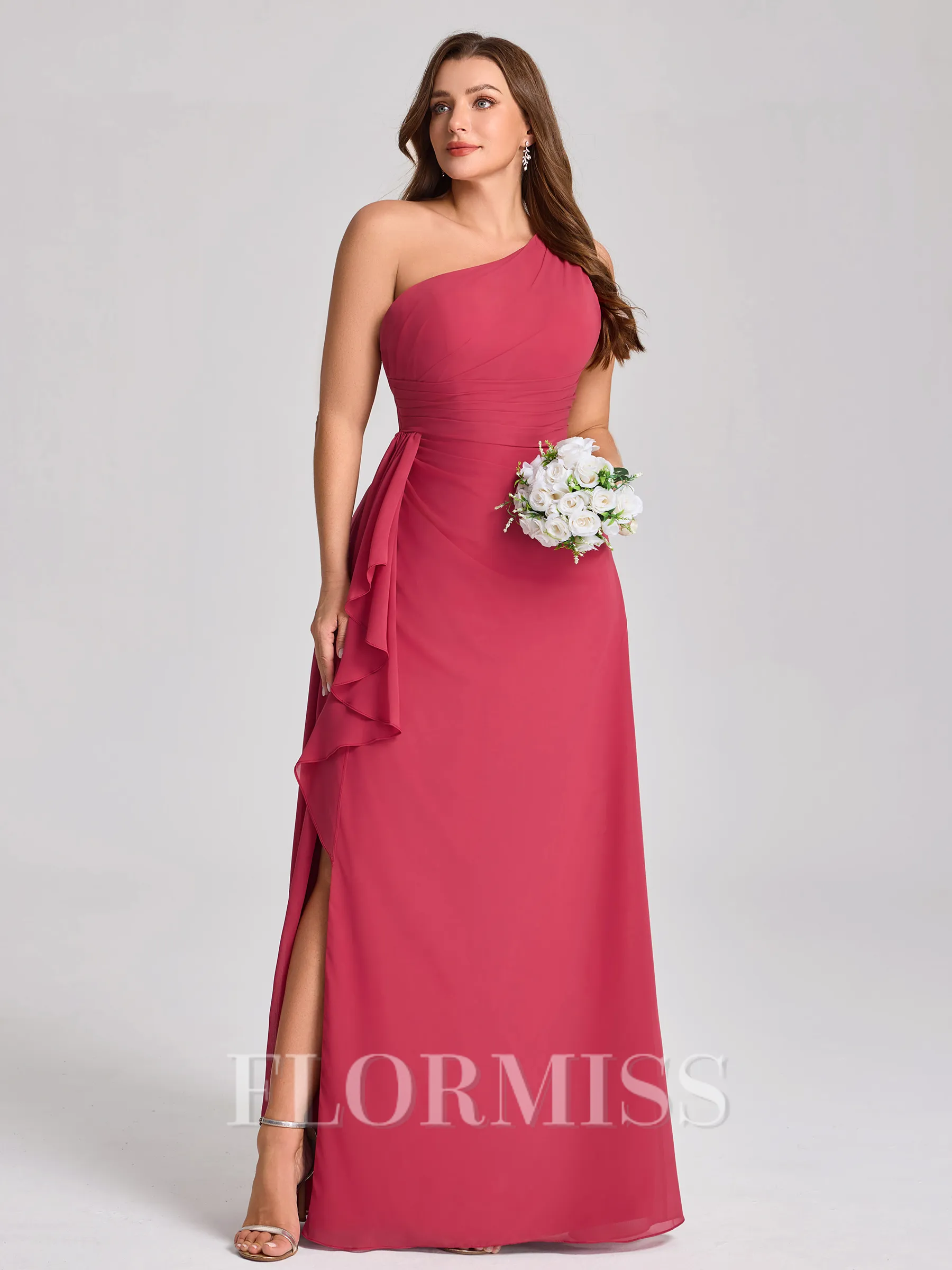 Sheath One-Shoulder Ruffles Floor-Length Chiffon Corset Plus Size Bridesmaid Dress