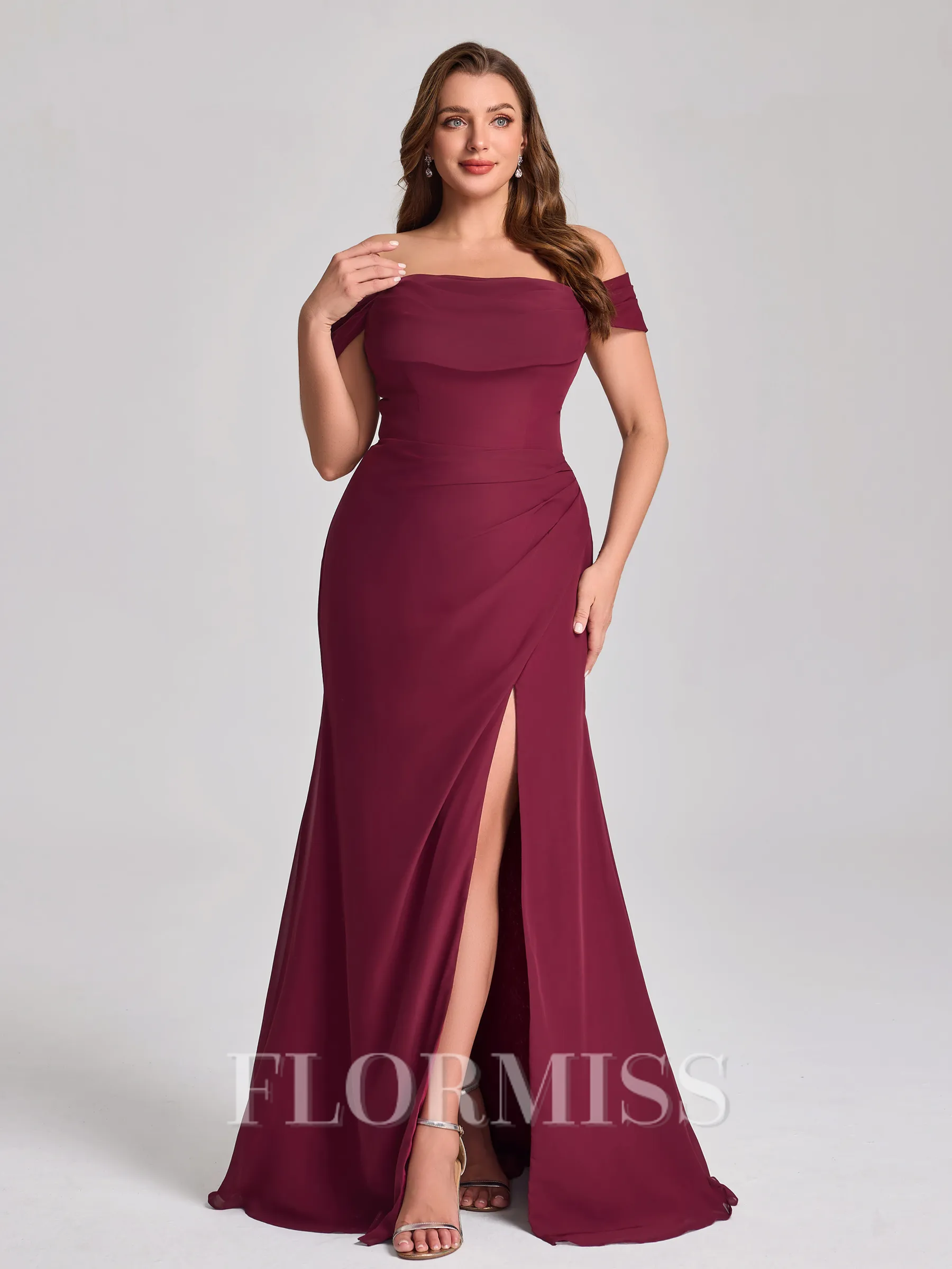 Sheath Off-the-Shoulder Pleated Floor-Length Chiffon Corset Plus Size Bridesmaid Dress