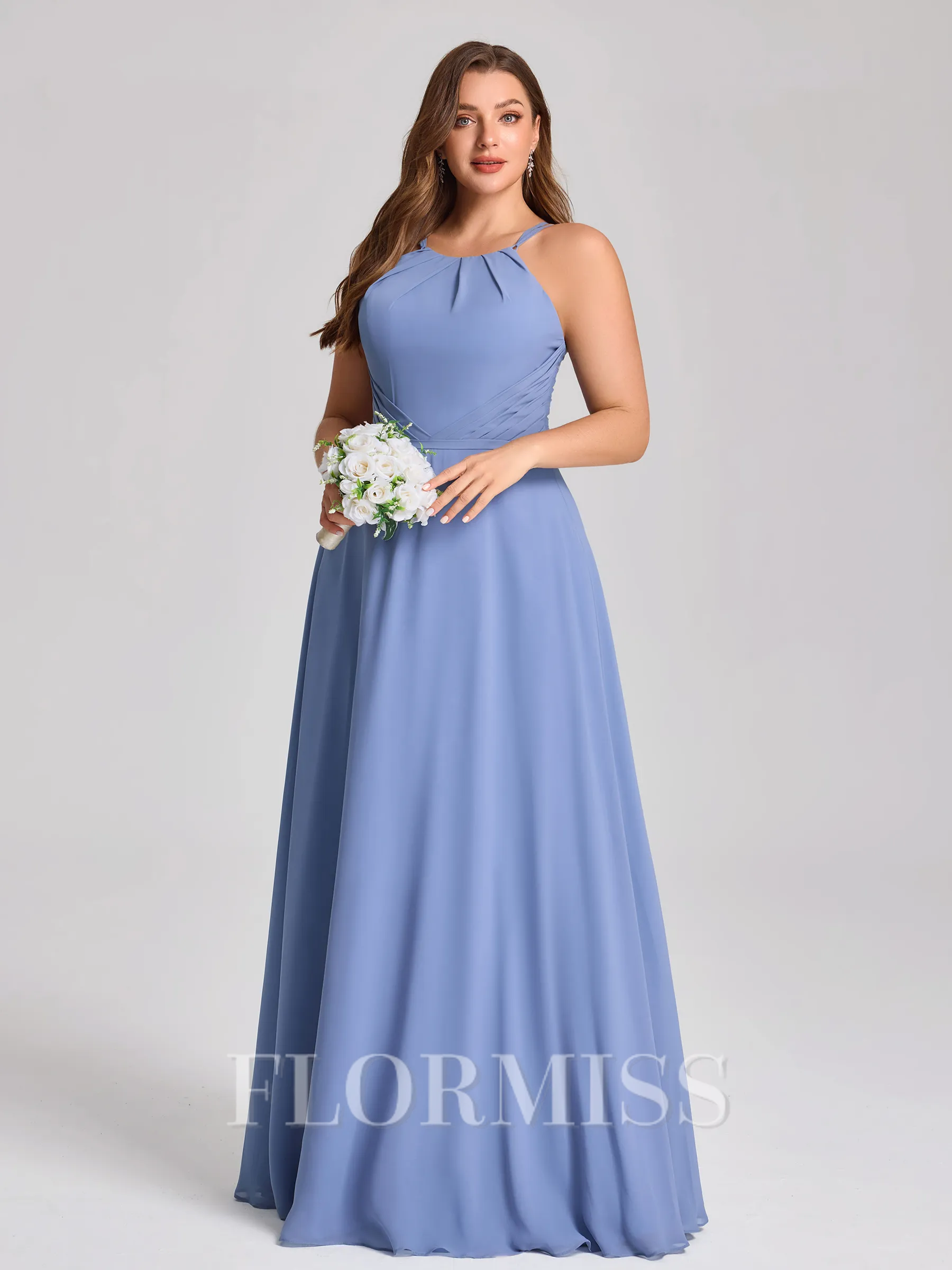A-line Halter Pleated Floor-Length Chiffon Corset Plus Size Bridesmaid Dress