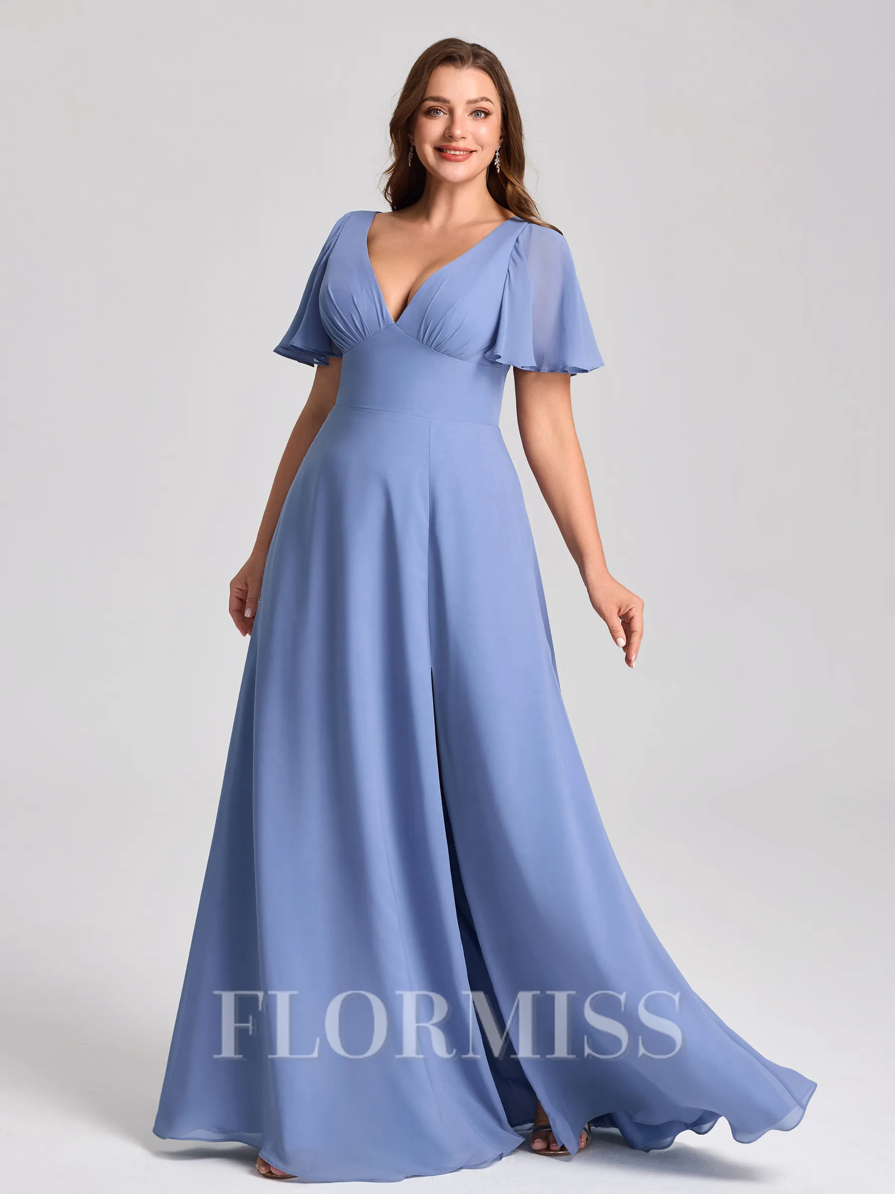 A-line V-neck Short Sleeves Pleated Floor-Length Chiffon Corset Plus Size Bridesmaid Dress