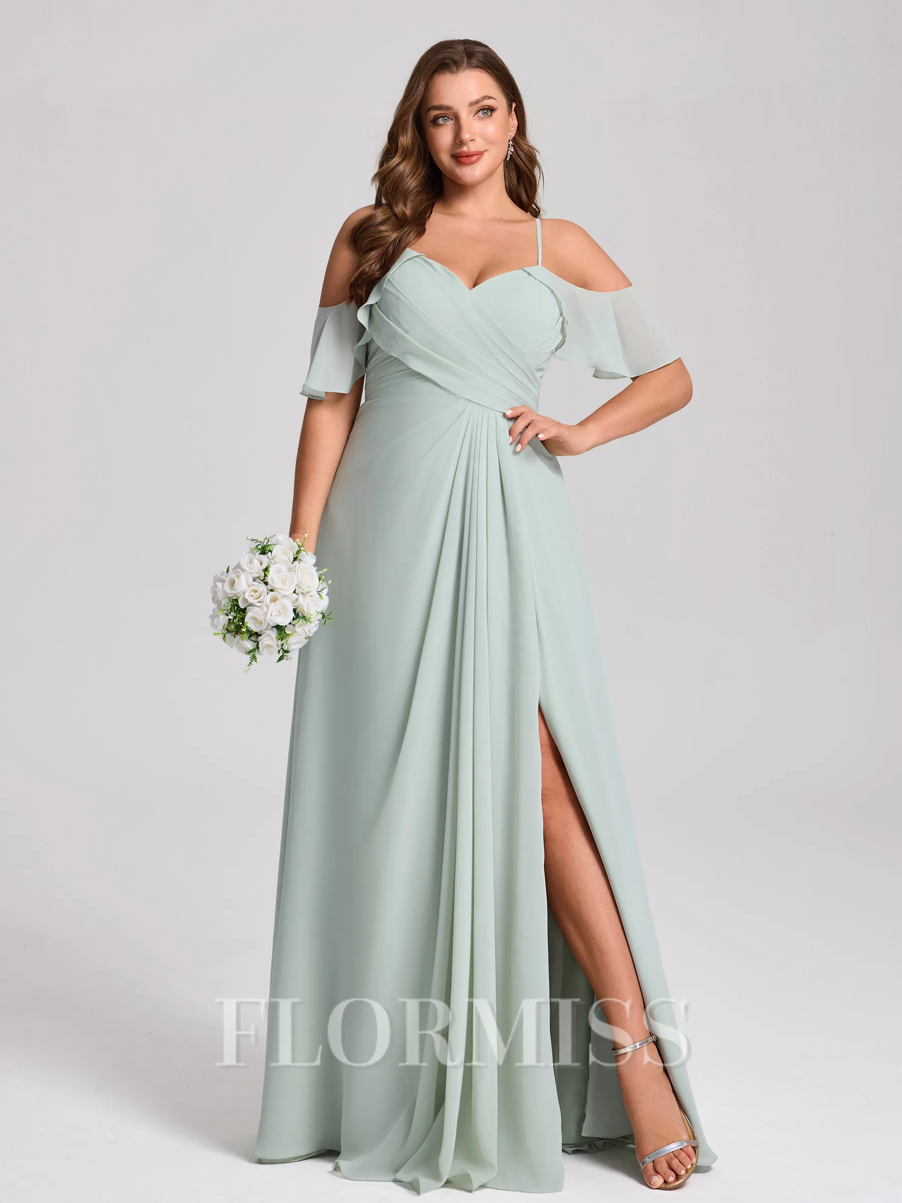A-line Cold Shoulder Pleated Floor-Length Chiffon Plus Size Bridesmaid Dress