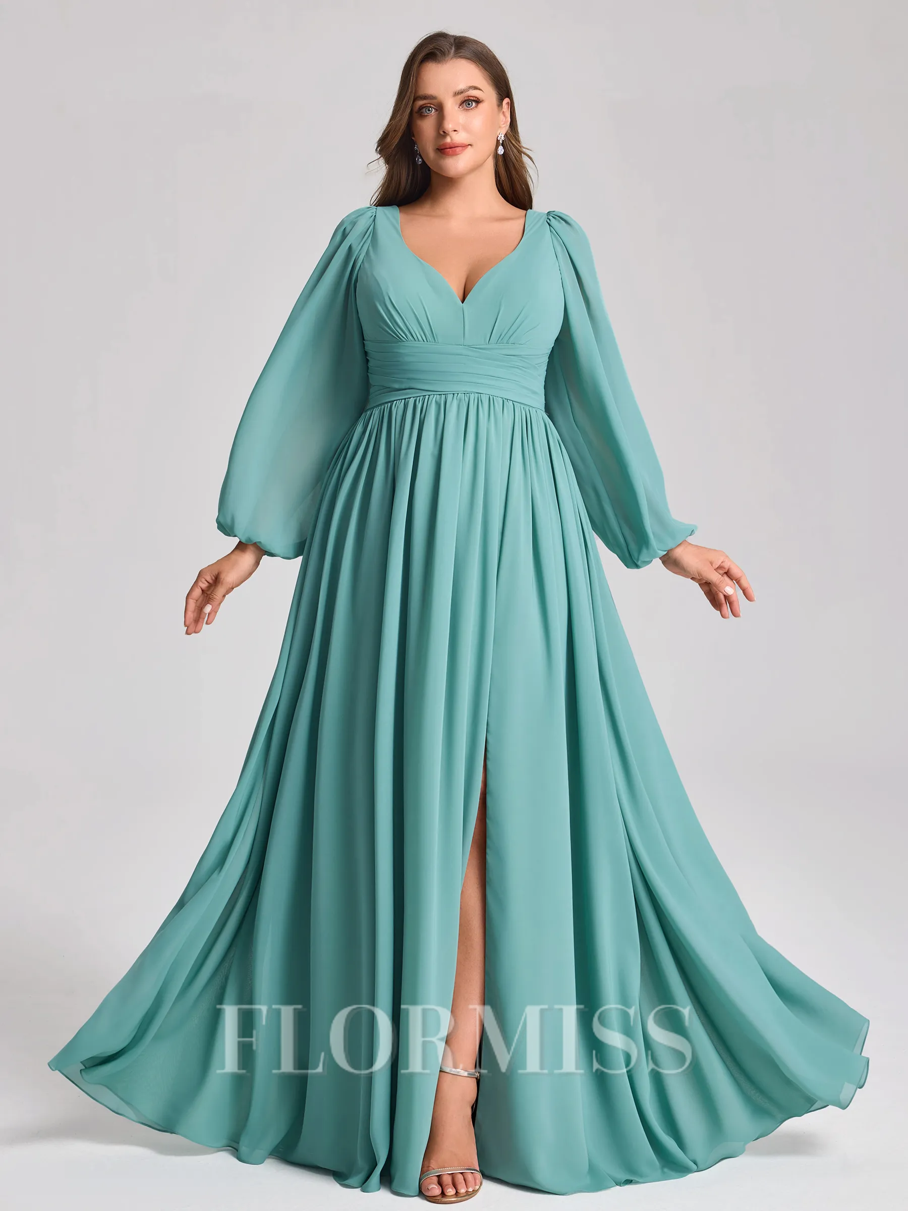 A-line V-neck Long Sleeves Pleated Floor-Length Chiffon Plus Size Bridesmaid Dress