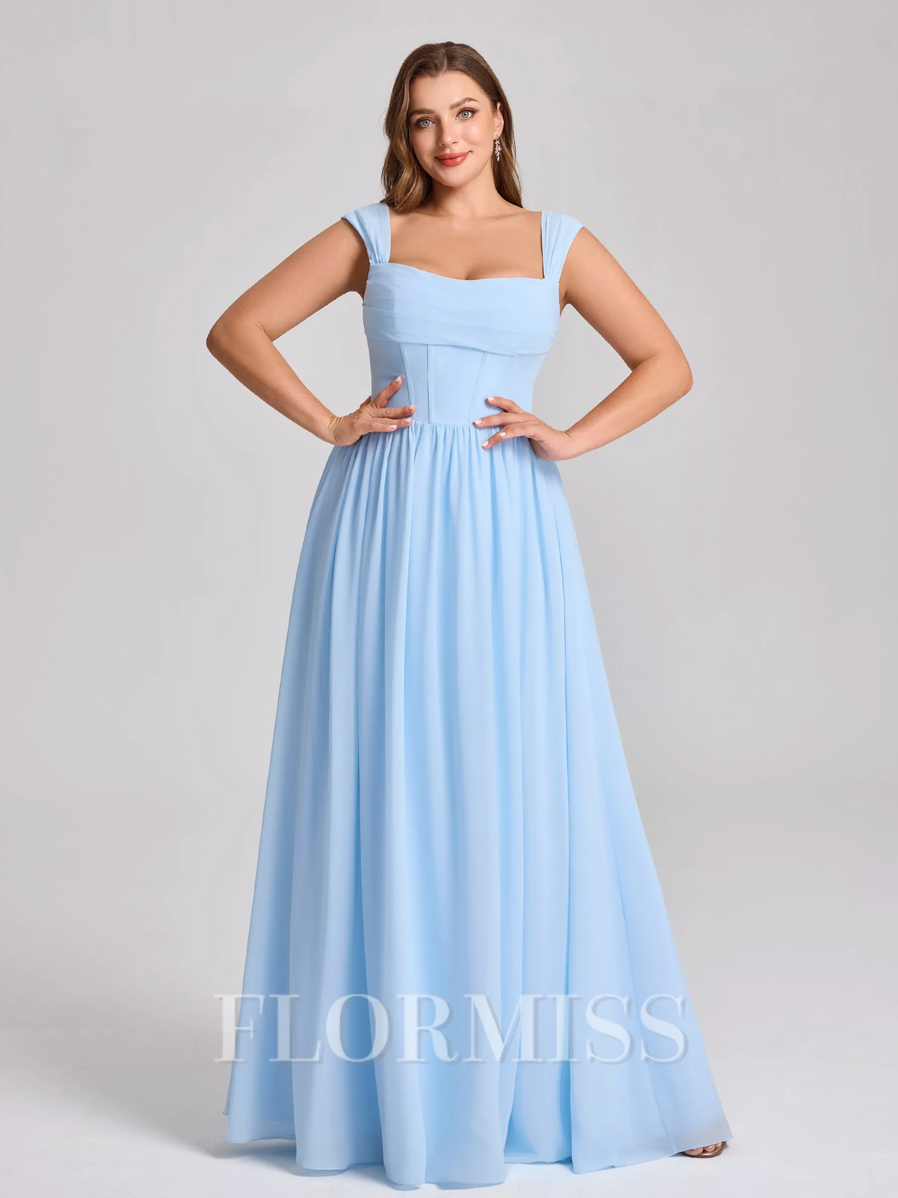 A-line Square Pleated Floor-Length Chiffon Corset Plus Size Bridesmaid Dress