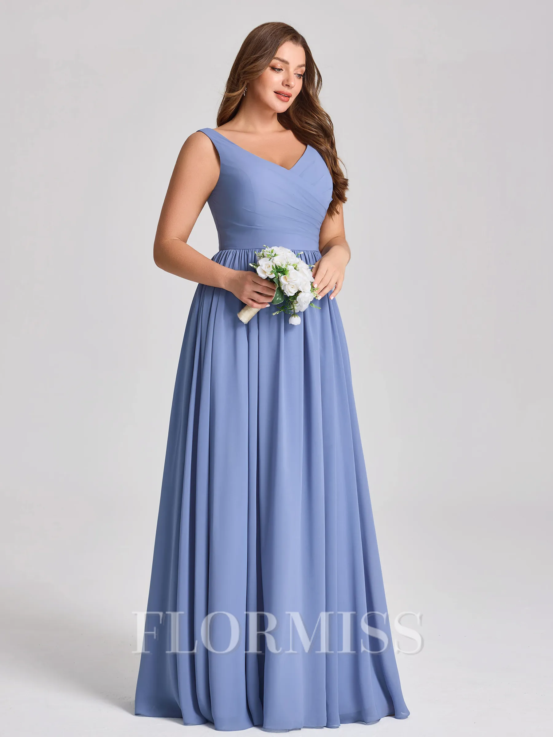 A-line V-neck Pleated Floor-Length Chiffon Plus Size Bridesmaid Dress