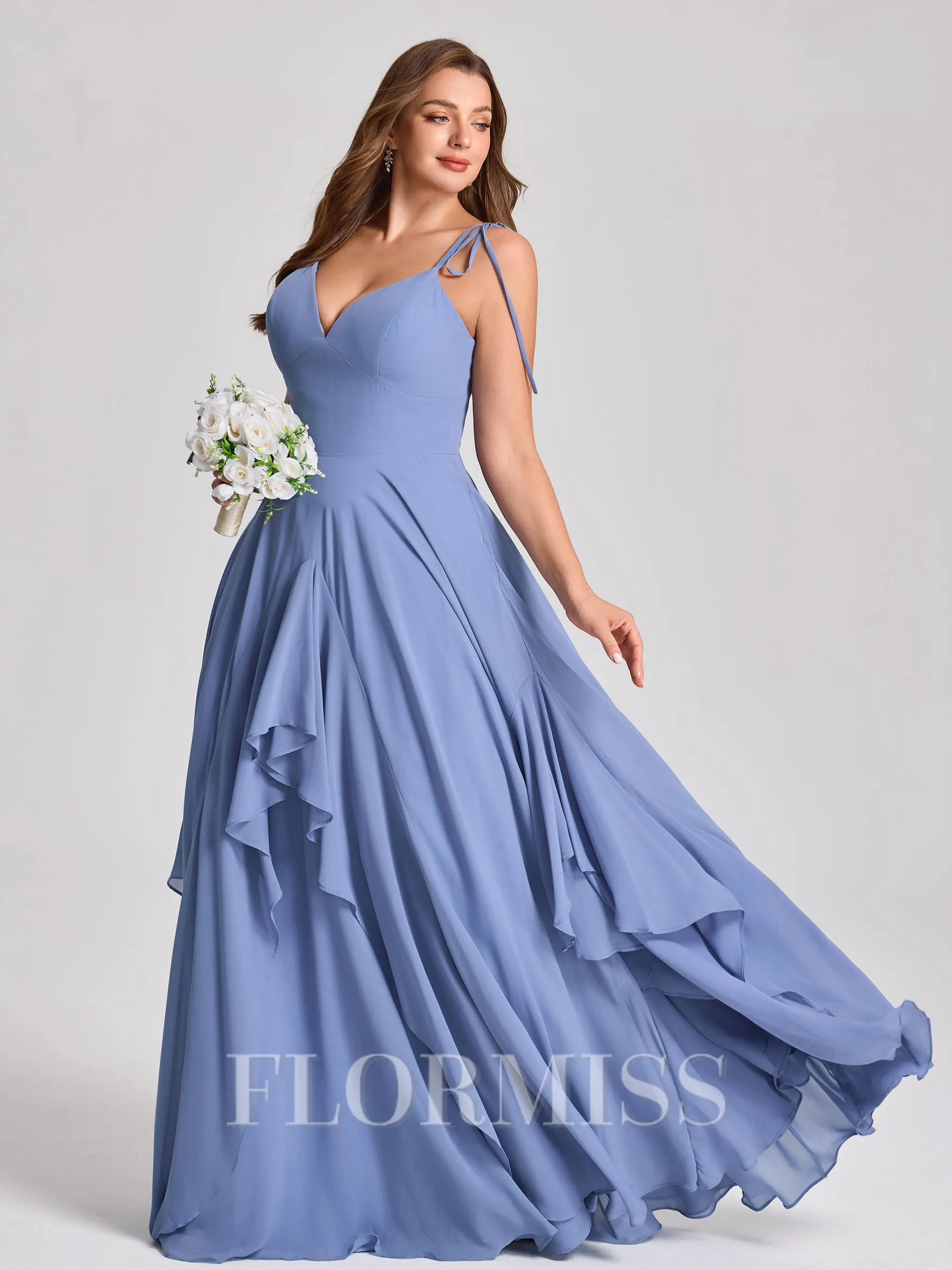 A-line V-neck Ruffles Floor-Length Chiffon Corset Plus Size Bridesmaid Dress