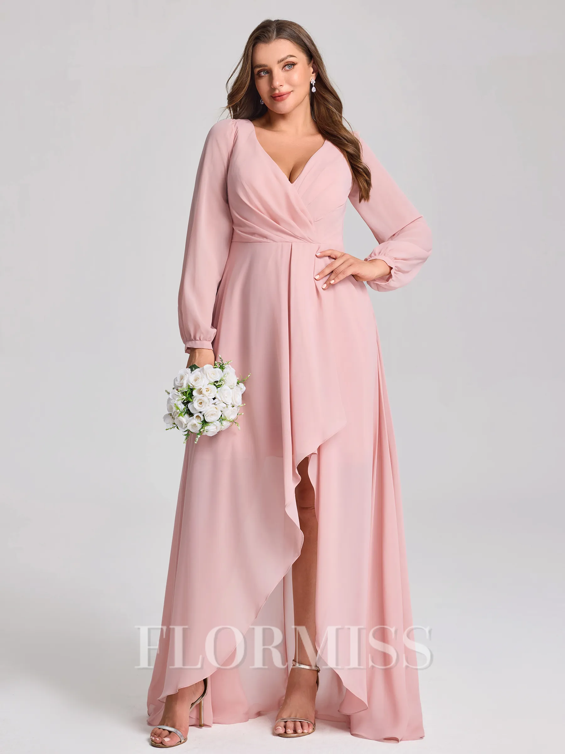 A-line V-neck Long Sleeves Pleated Asymmetrical Chiffon Plus Size Bridesmaid Dress
