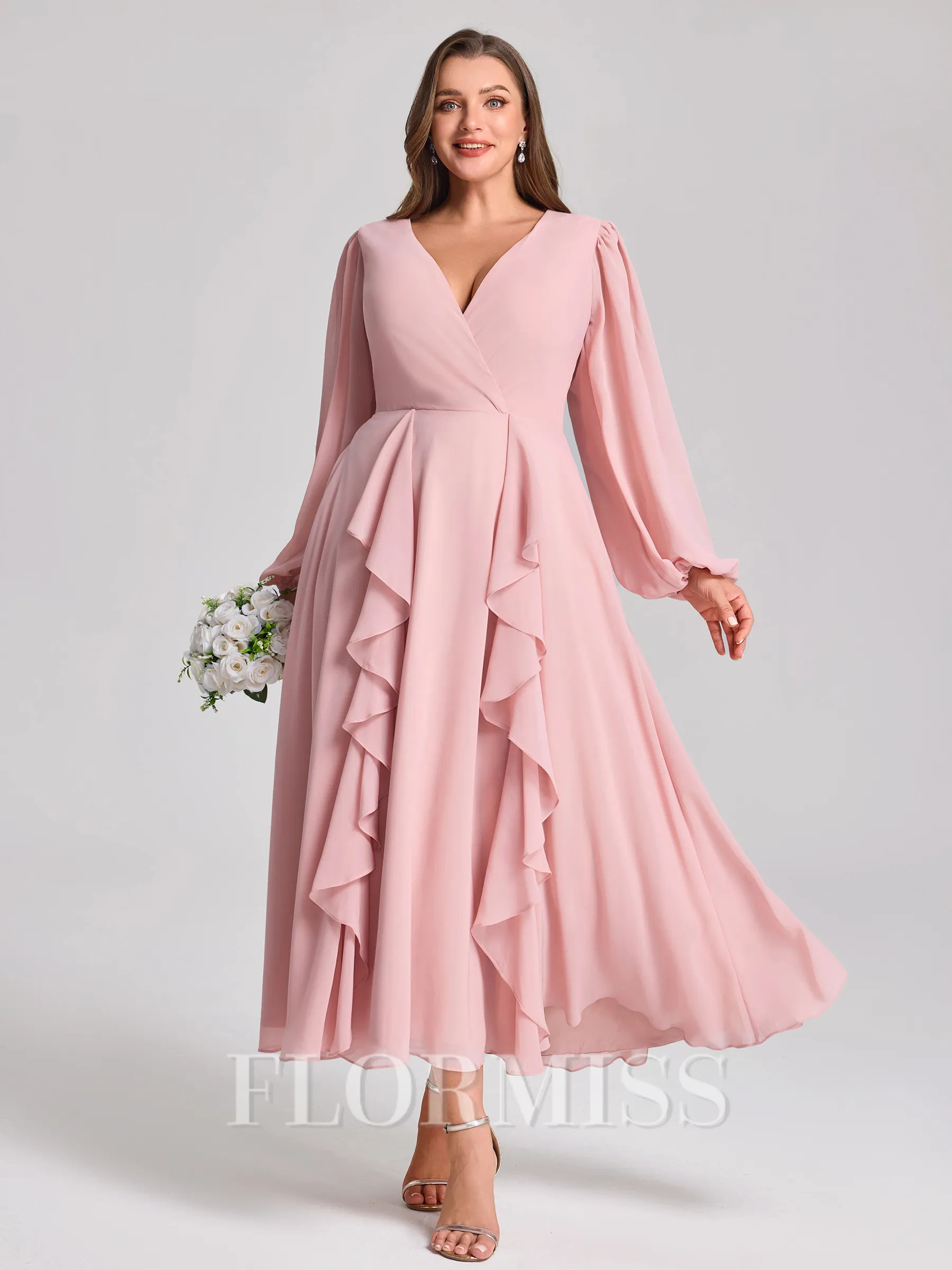 A-line V-neck Long Sleeves Ruffles Tea-Length Chiffon Corset Plus Size Bridesmaid Dress