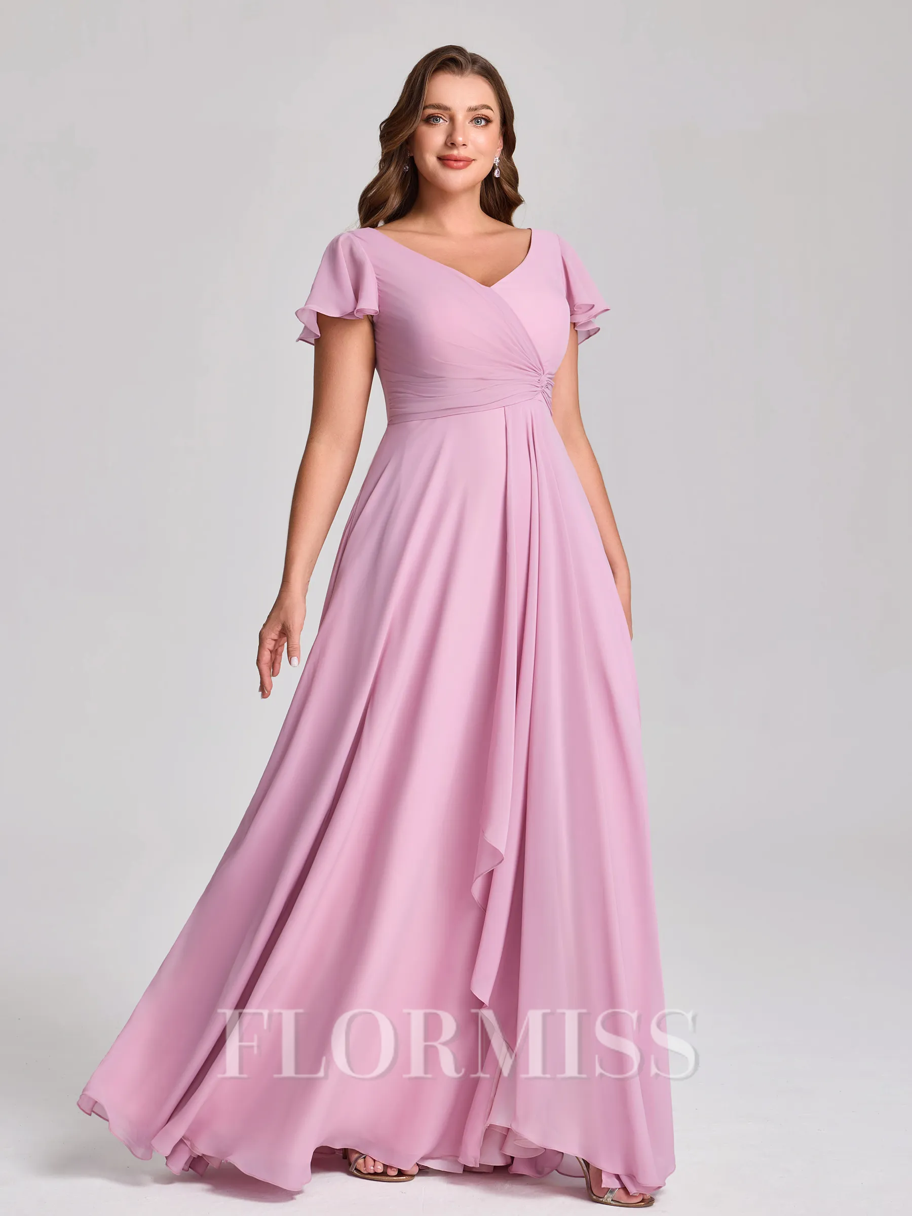 A-line V-neck Short Sleeves Ruffles Floor-Length Chiffon Plus Size Bridesmaid Dress