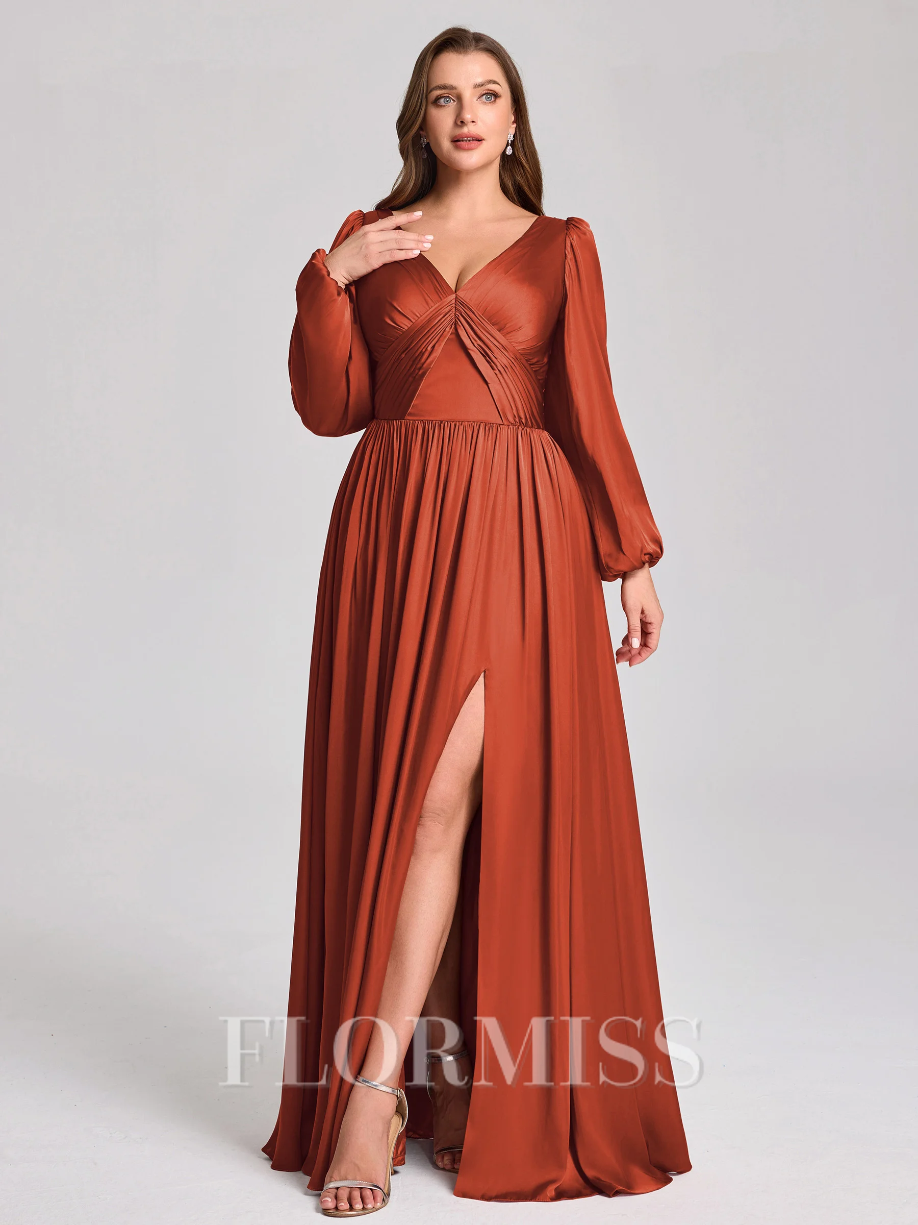 A-line V-neck Long Sleeves Pleated Floor-Length Satin Chiffon Plus Size Bridesmaid Dress