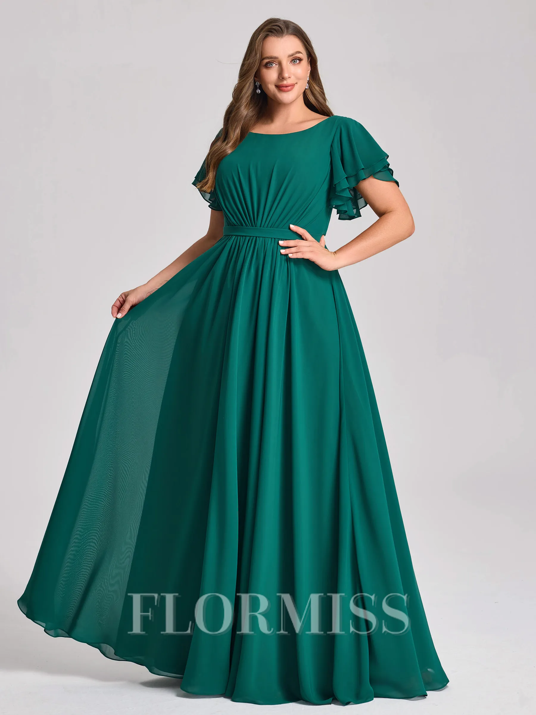 A-line Scoop Short Sleeves Pleated Floor-Length Chiffon Plus Size Bridesmaid Dress