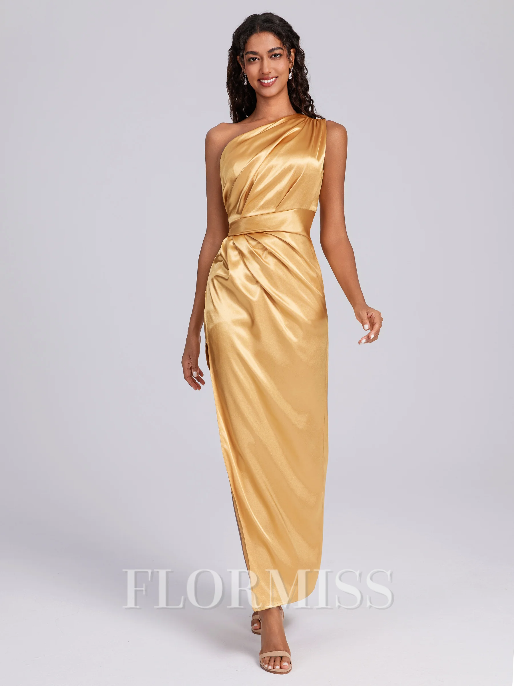 Sheath One-Shoulder Pleated Ankle-Length Silk Like Satin Bridesmaid Dress