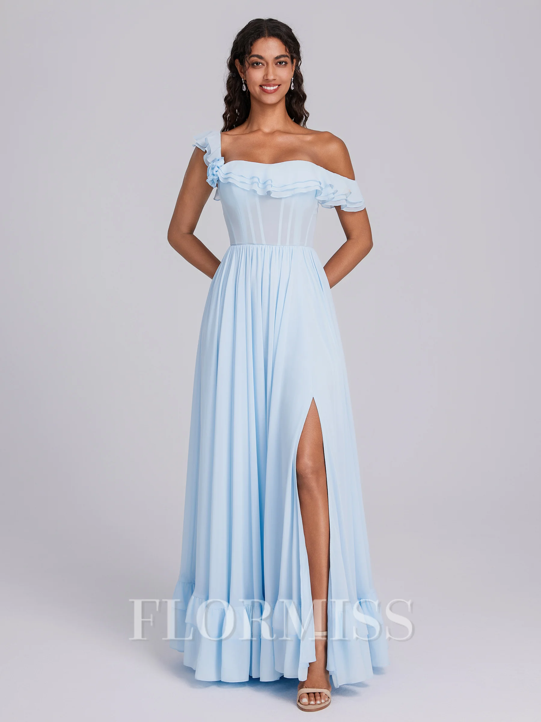 A-line Off-the-Shoulder Ruffles Floor-Length Chiffon Corset Bridesmaid Dress