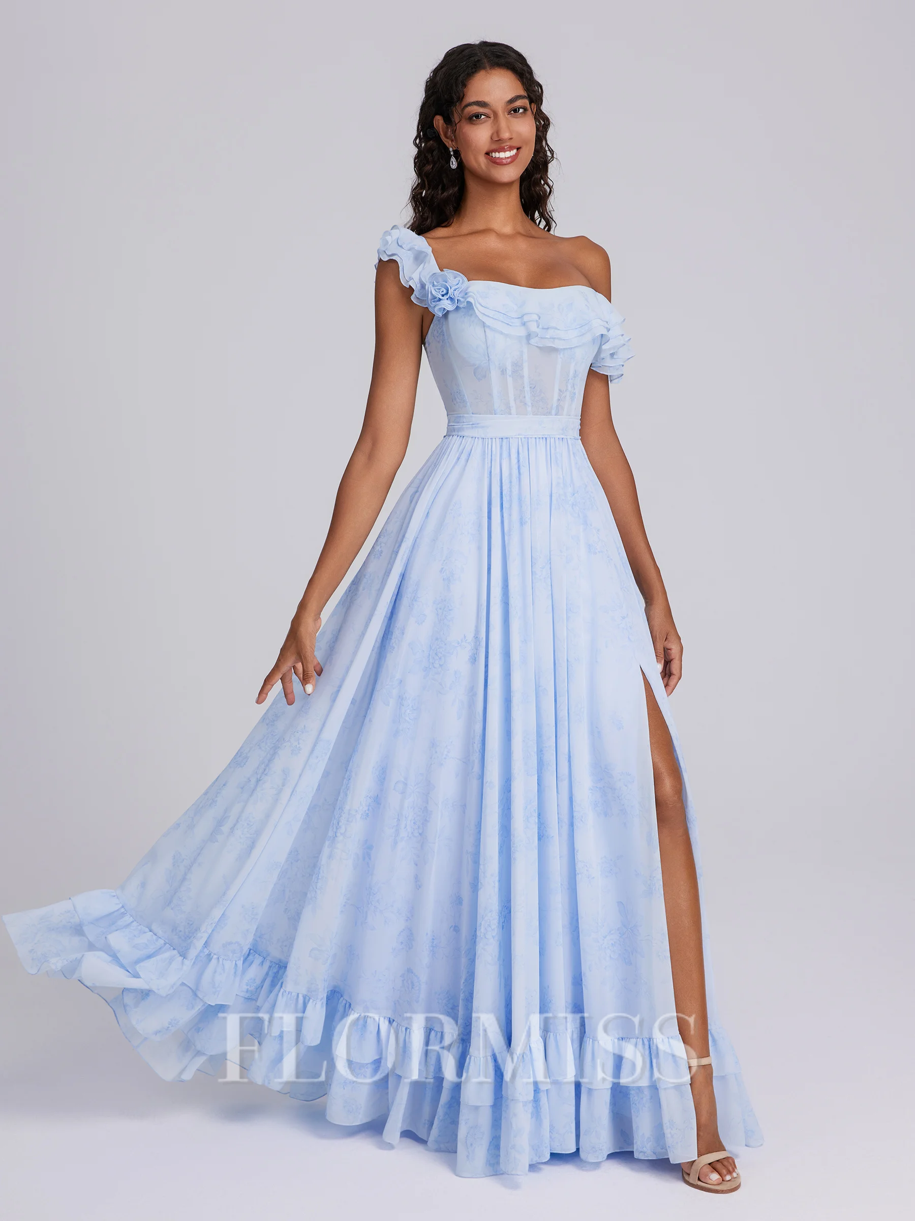 A-line One-Shoulder Ruffles Floor-Length Corset Bridesmaid Dress