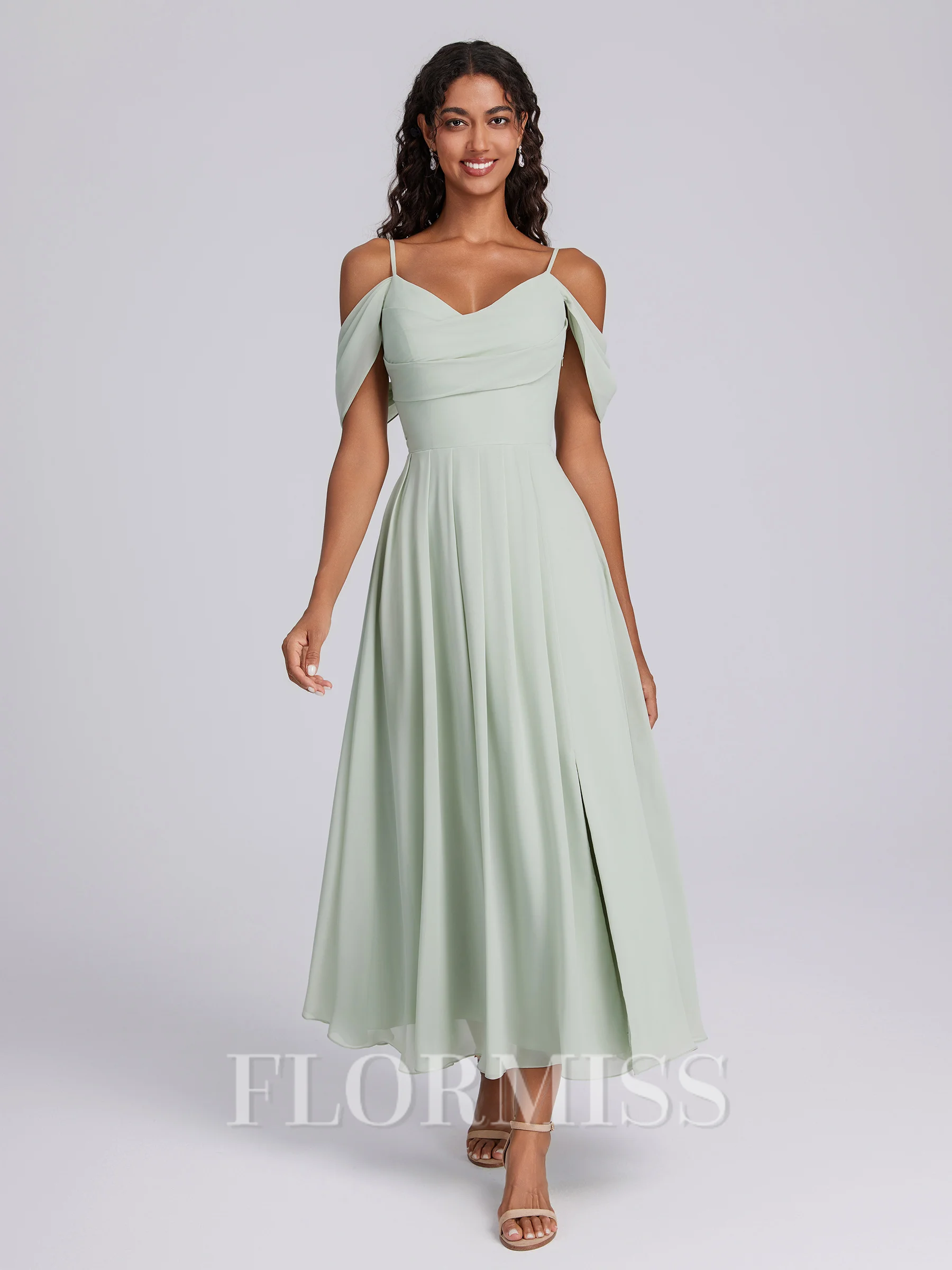 A-line Cold Shoulder Pleated Ankle-Length Chiffon Corset Bridesmaid Dress