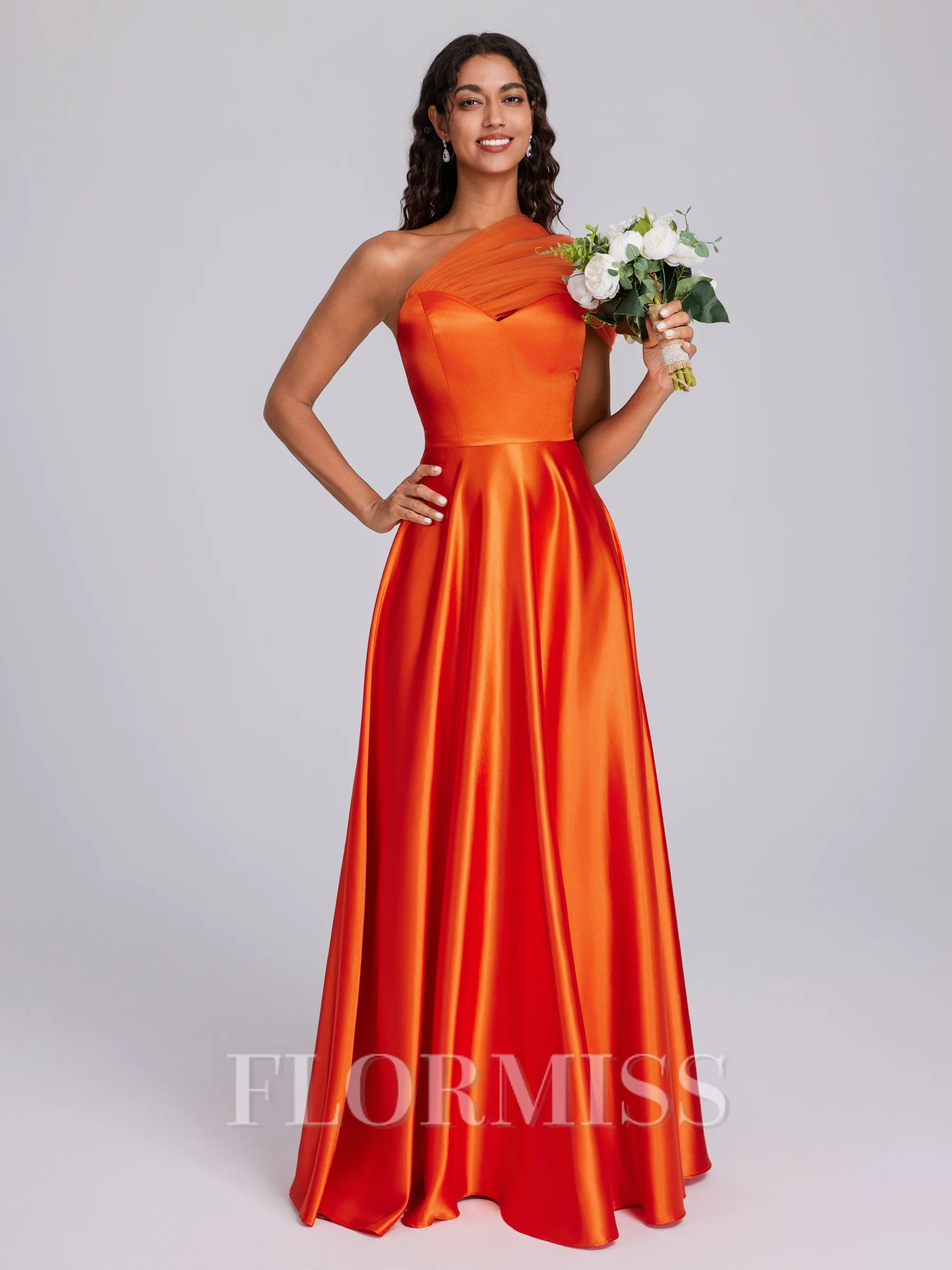 A-line One-Shoulder Pleated Floor-Length Silk Like Satin Bridesmaid Dress