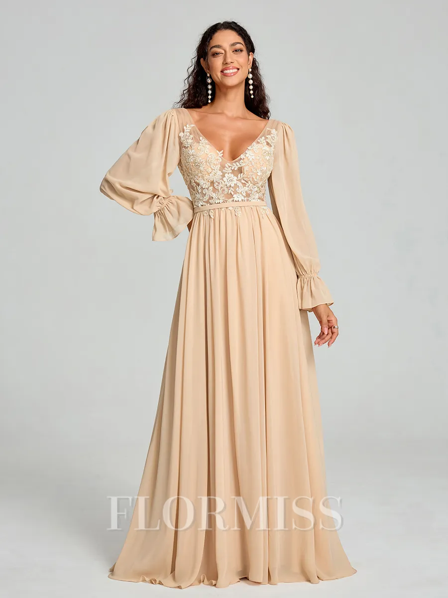 A-Line/Princess V-neck Sweep/Brush Train Long Sleeves Chiffon Bridesmaid Dress