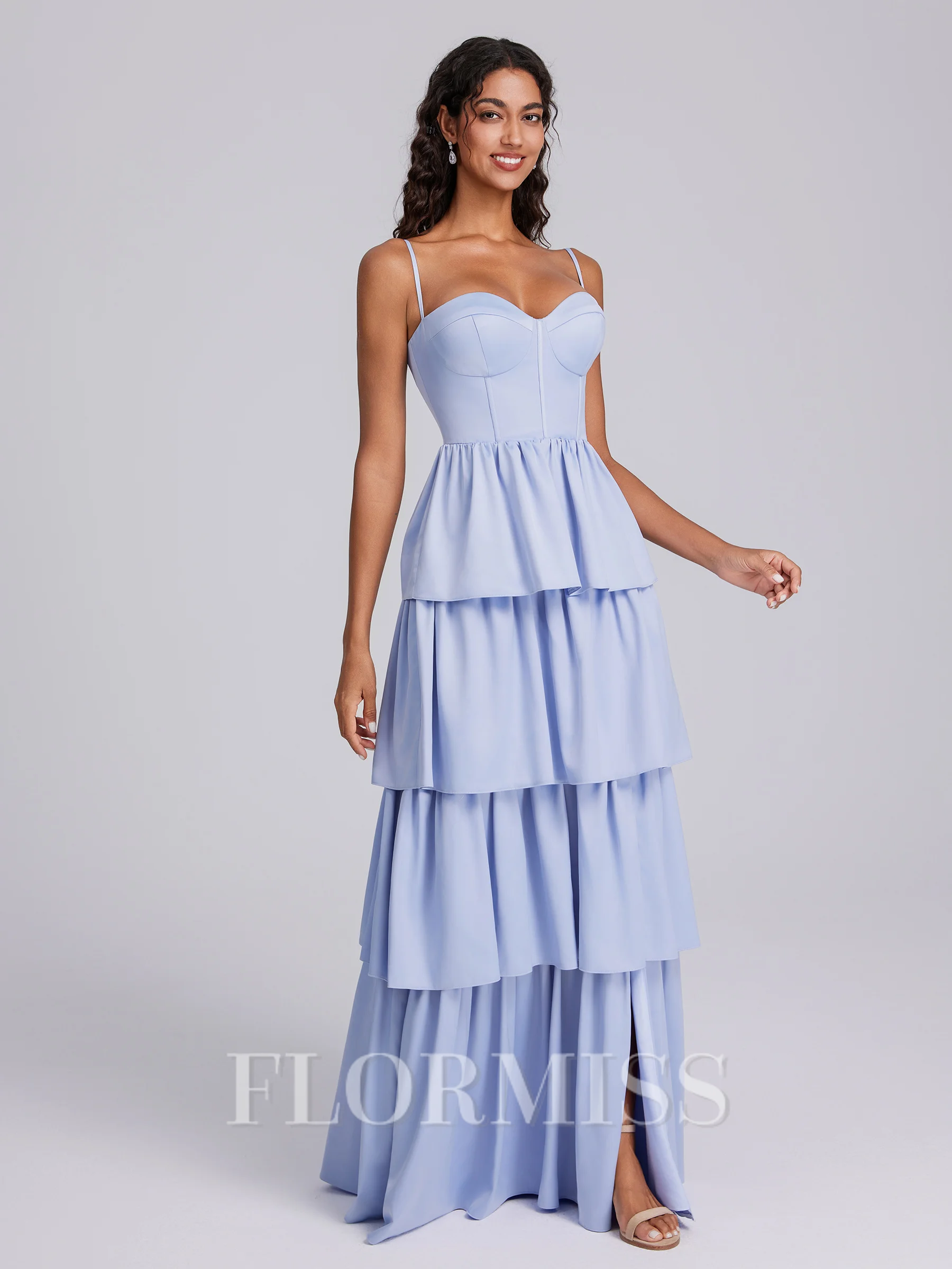 A-line Spaghetti Straps Cascading Ruffles Floor-Length Charmeuse Corset Bridesmaid Dress